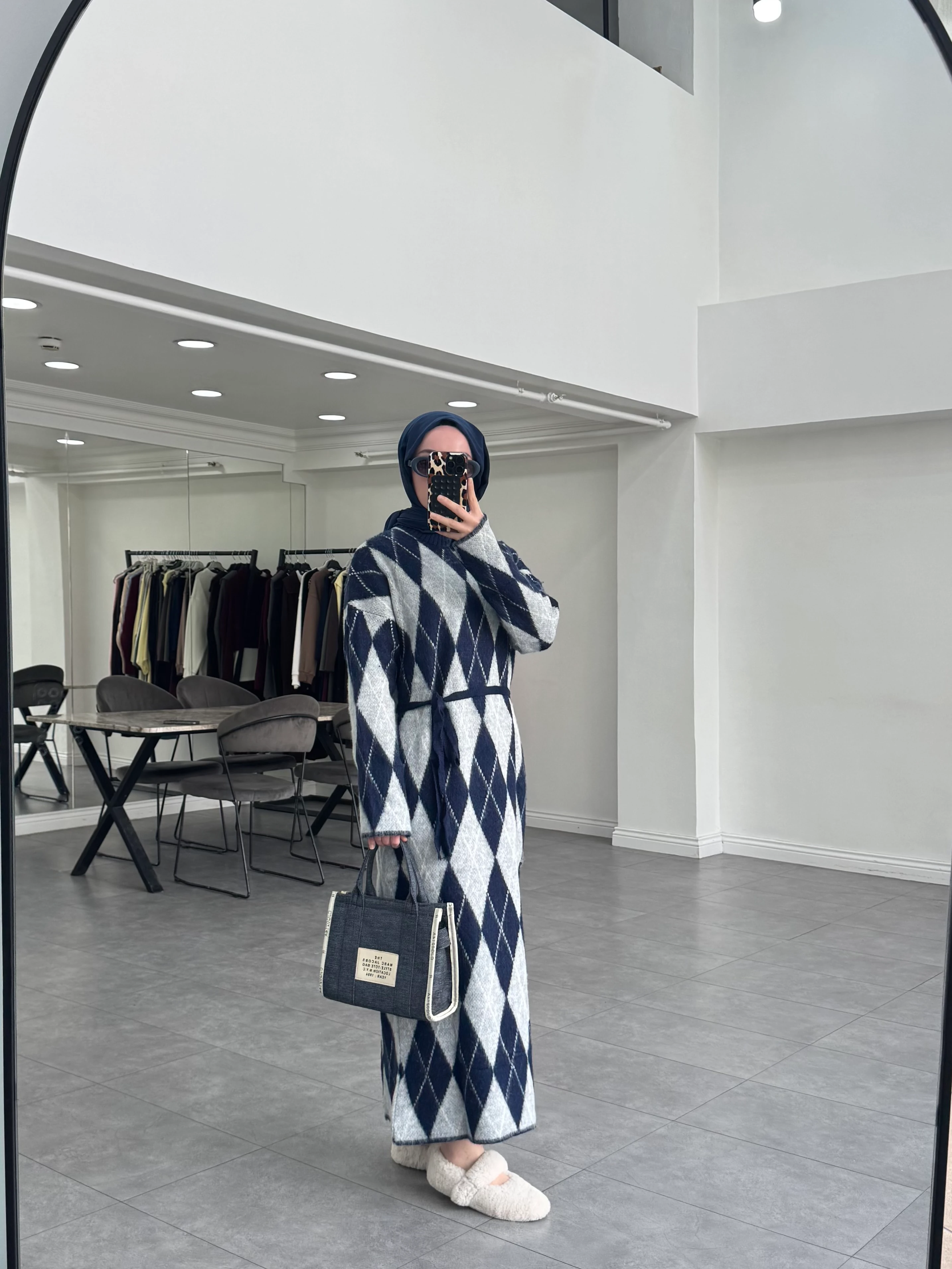 Ekose Triko Elbise Lacivert