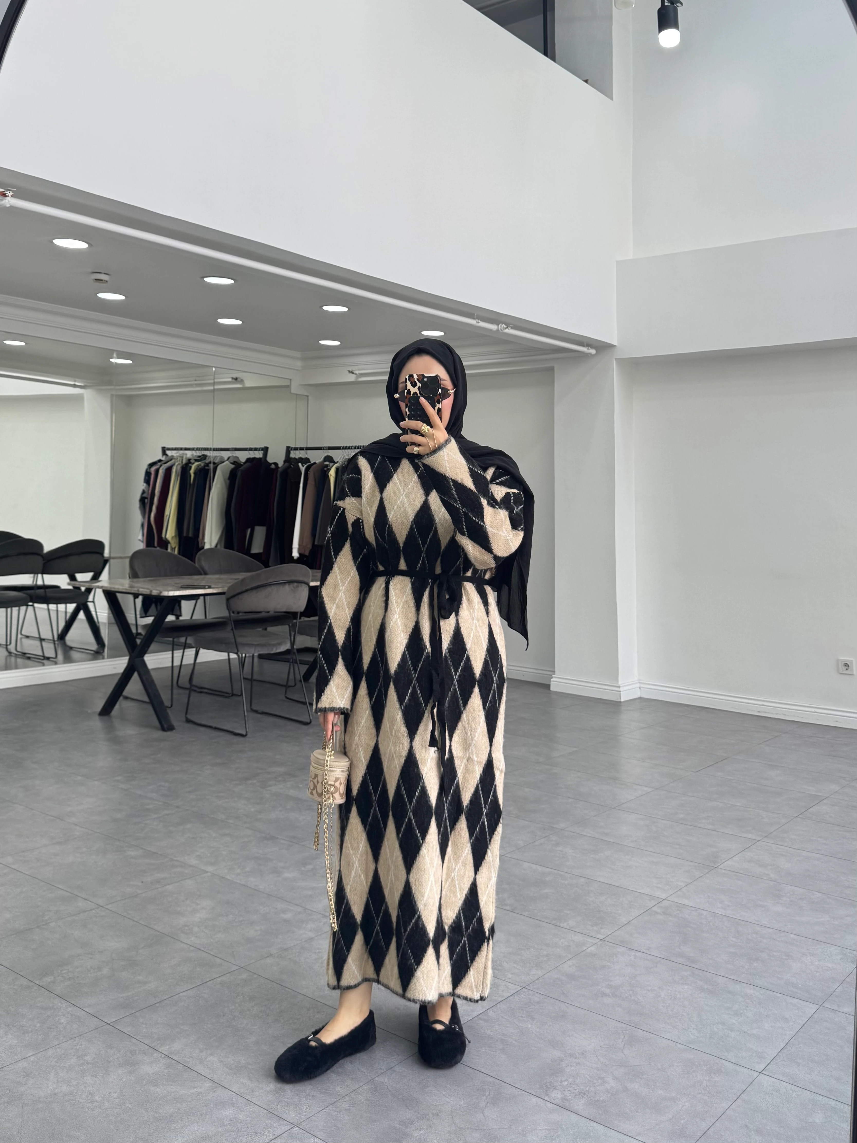 Ekose Triko Elbise Siyah