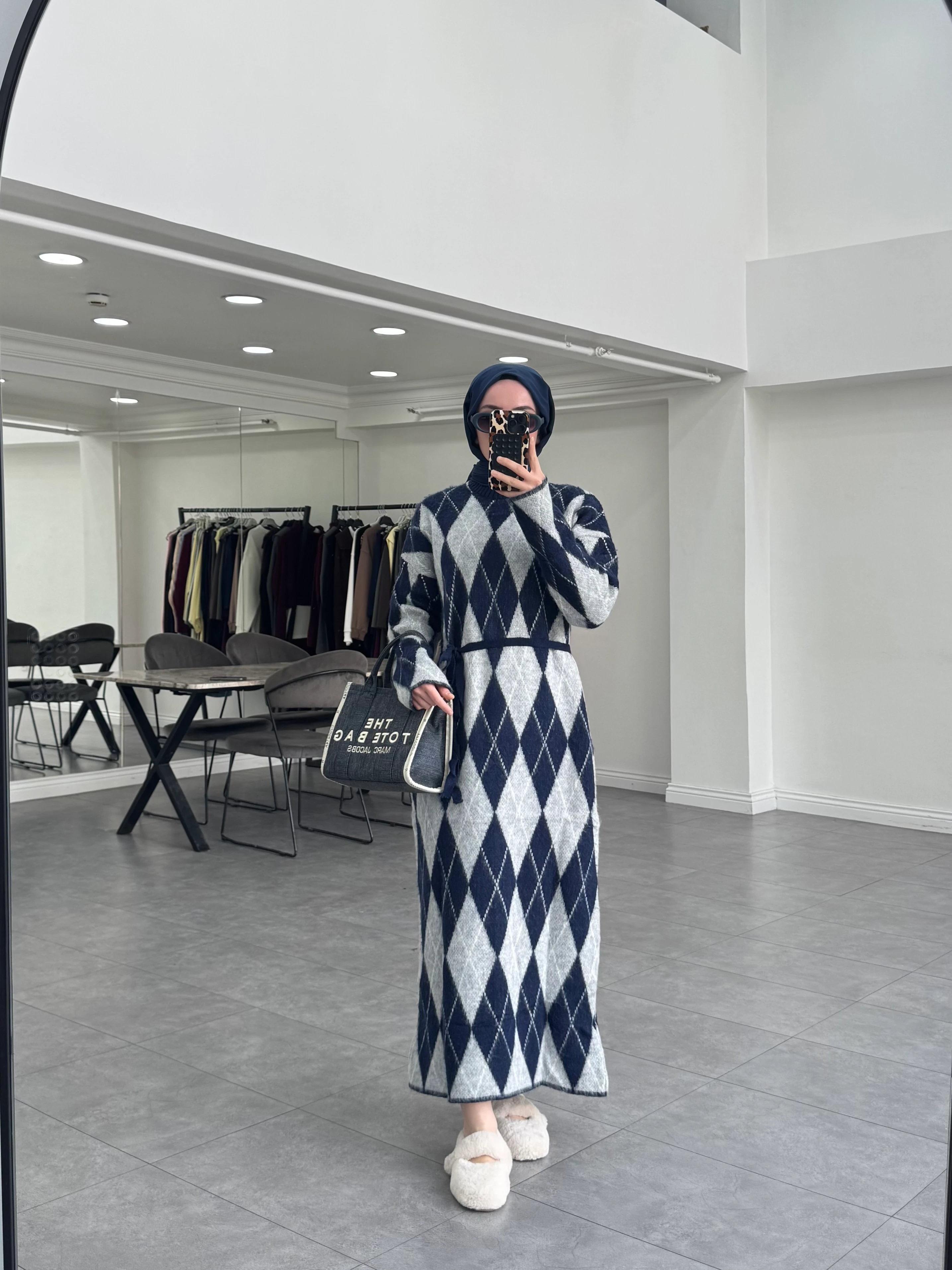 Ekose Triko Elbise Lacivert