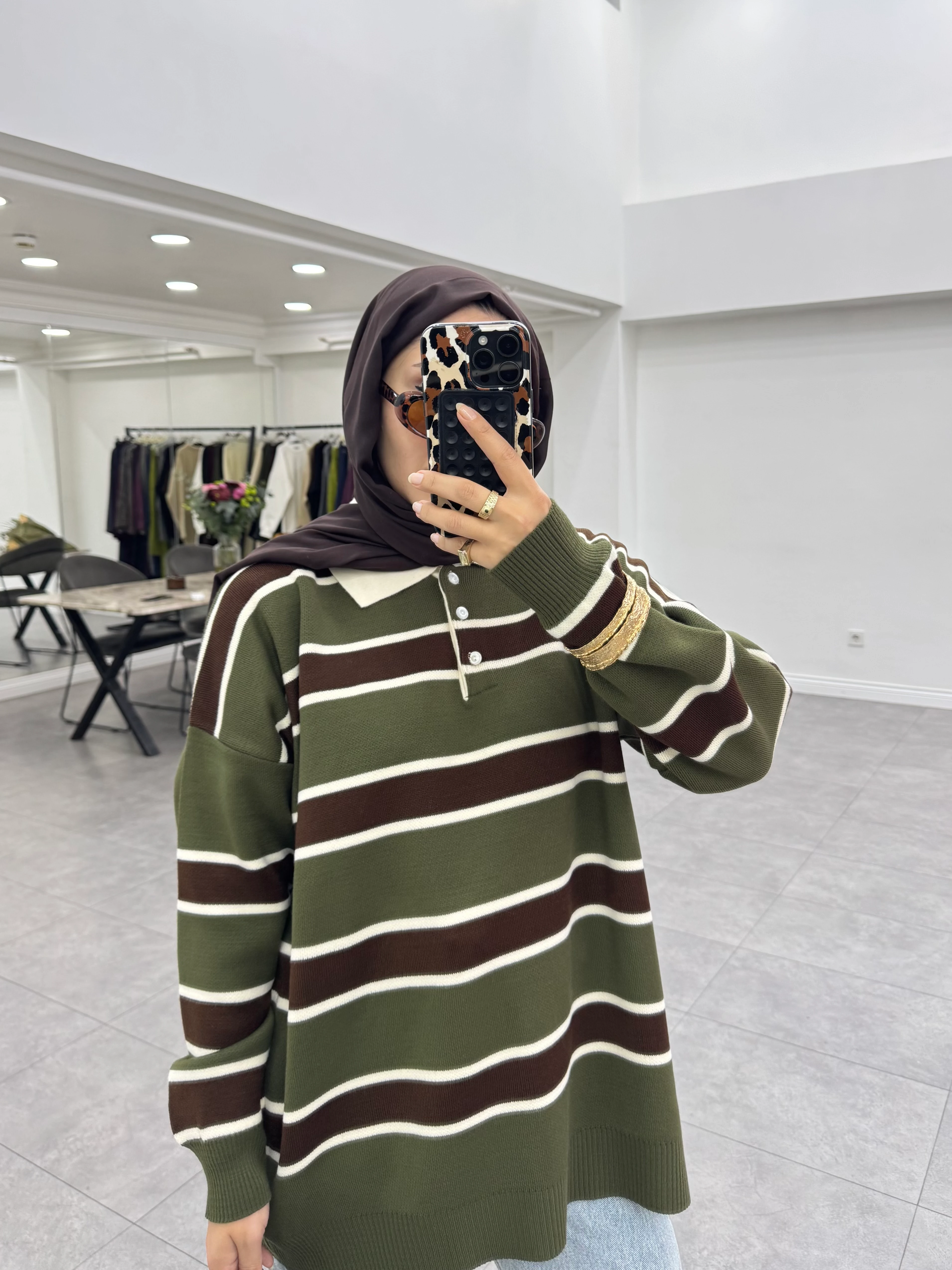 Çizgili Triko Kazak Haki