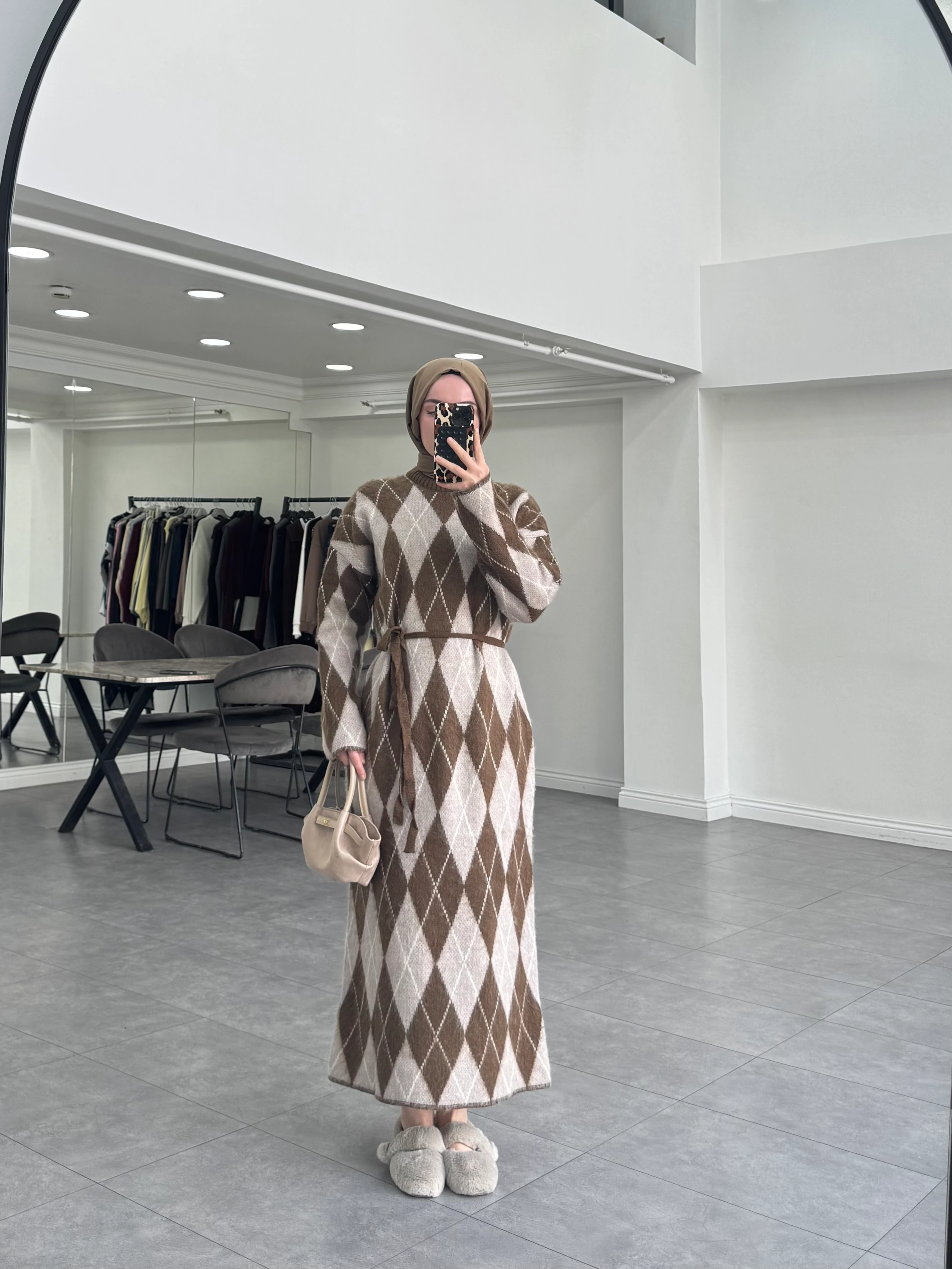 Ekose Triko Elbise Kahverengi