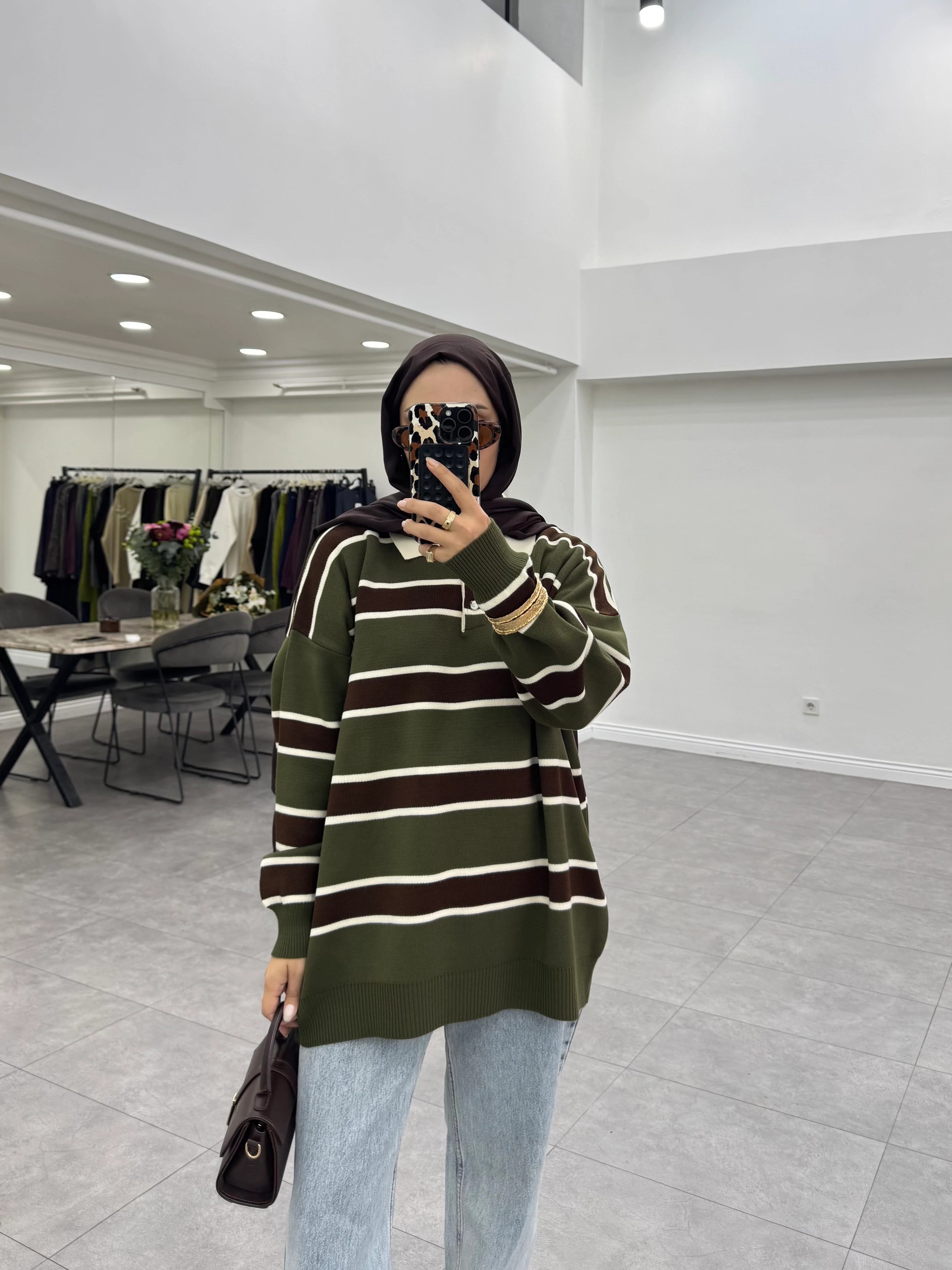 Çizgili Triko Kazak Haki