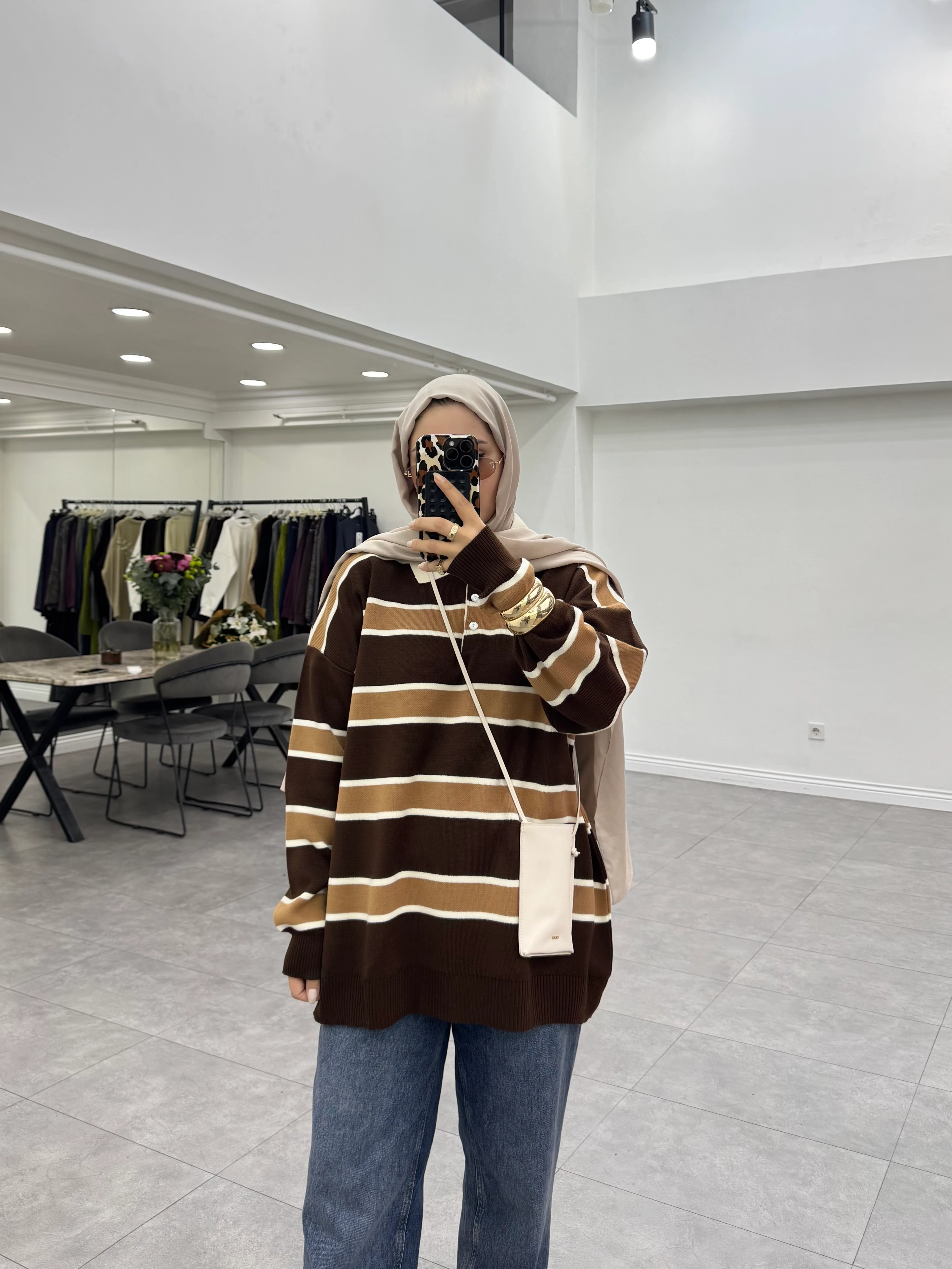 Çizgili Triko Kazak Kahverengi