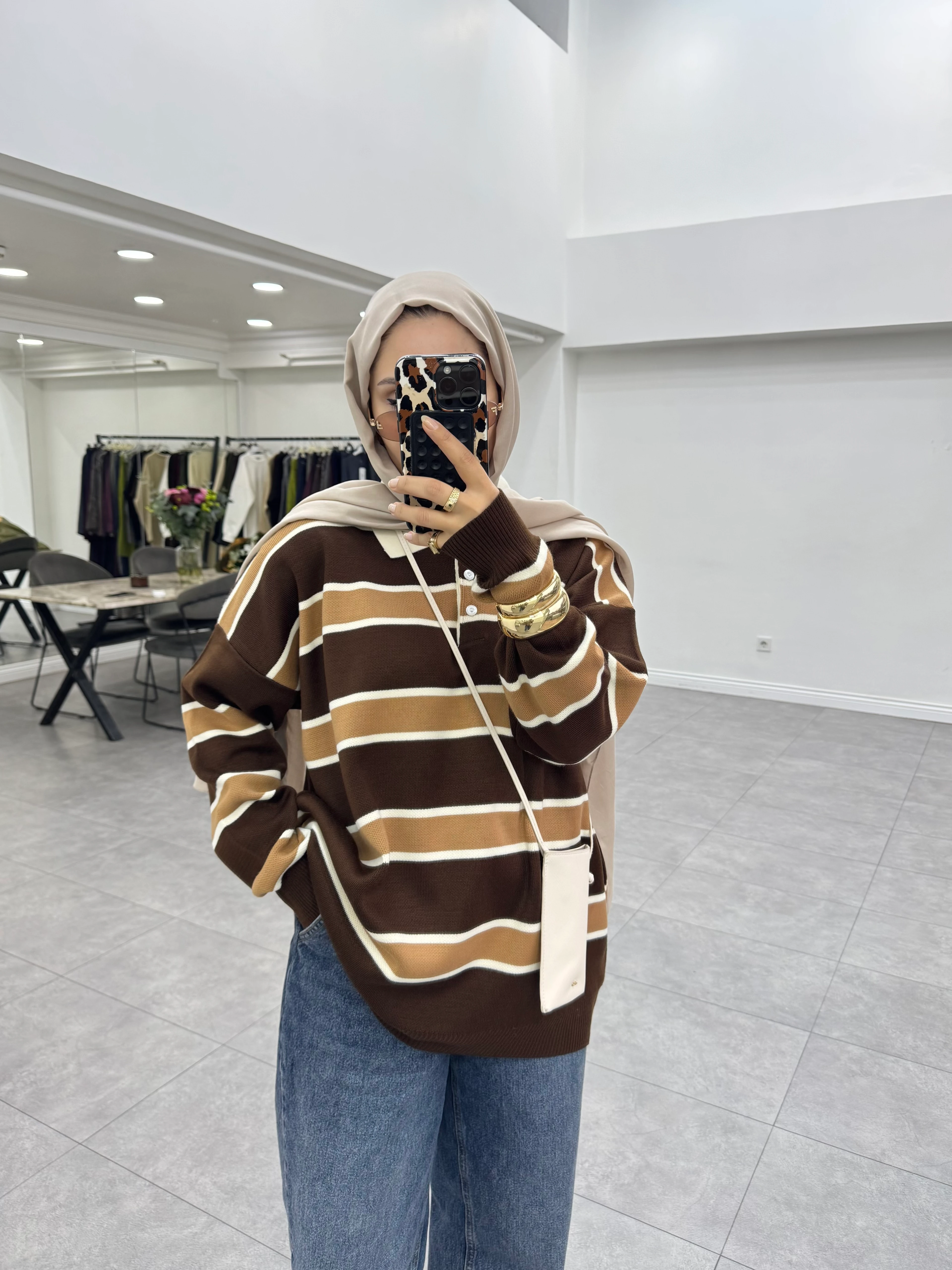 Çizgili Triko Kazak Kahverengi