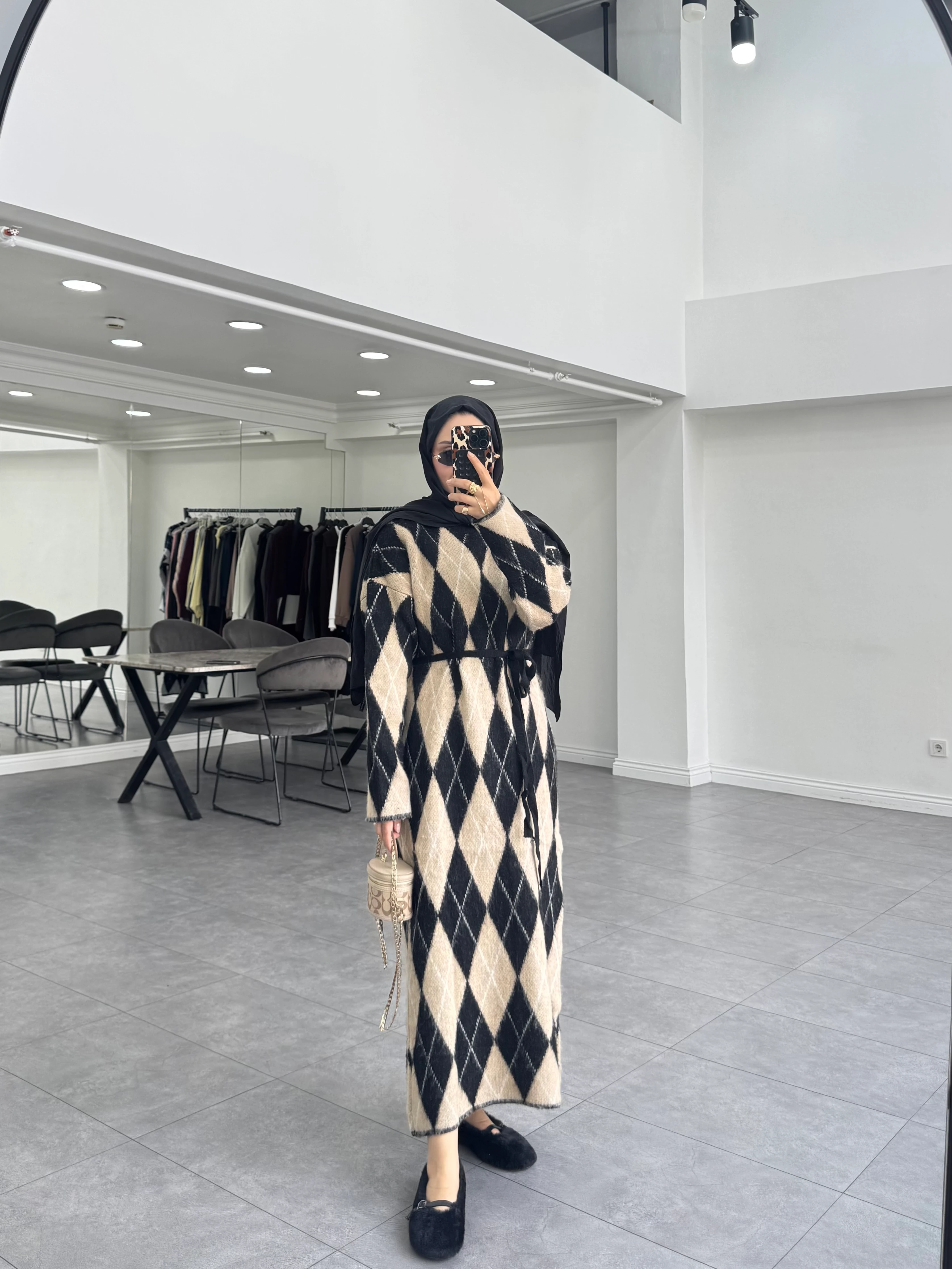 Ekose Triko Elbise Siyah