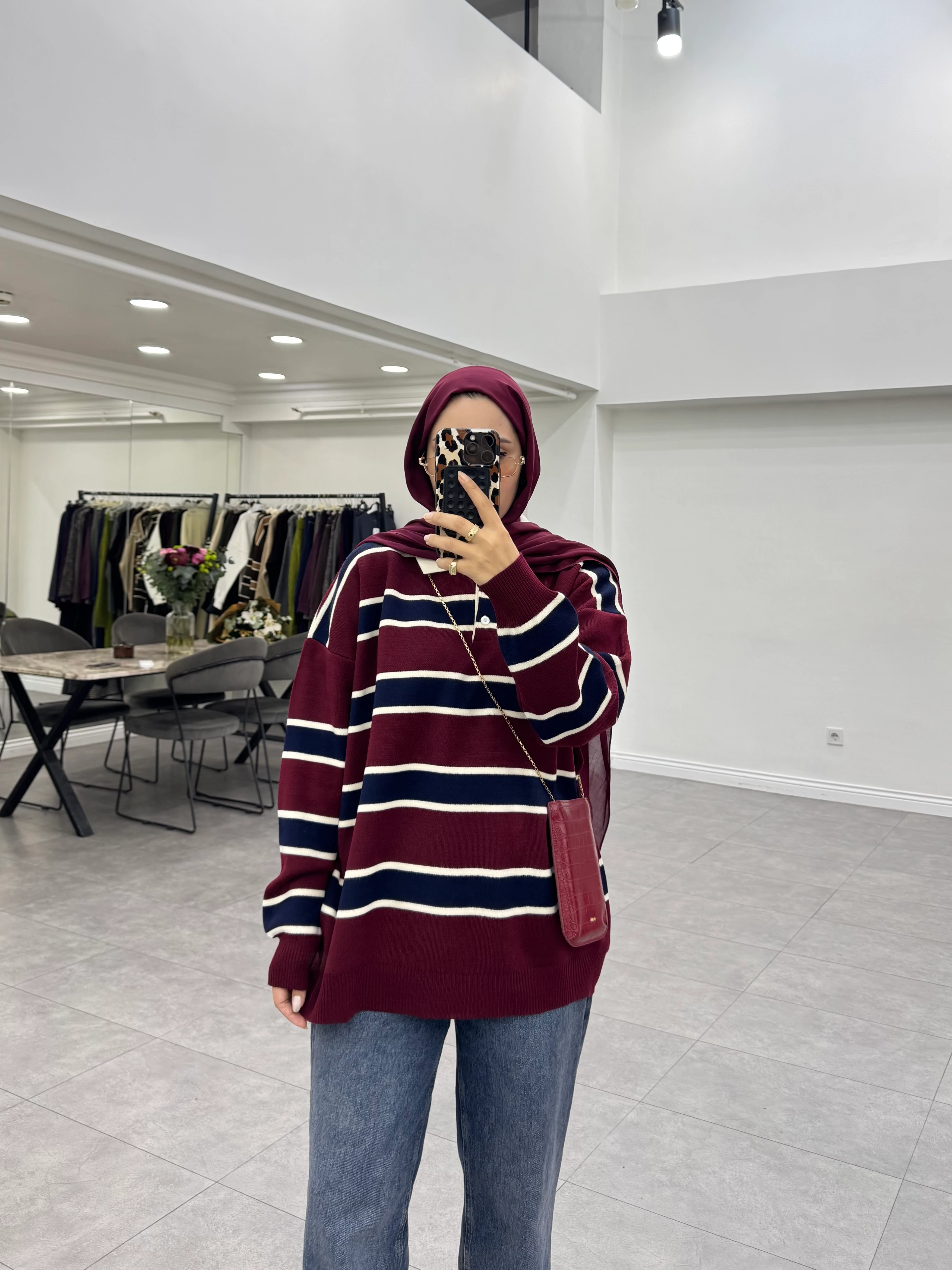 Çizgili Triko Kazak Bordo