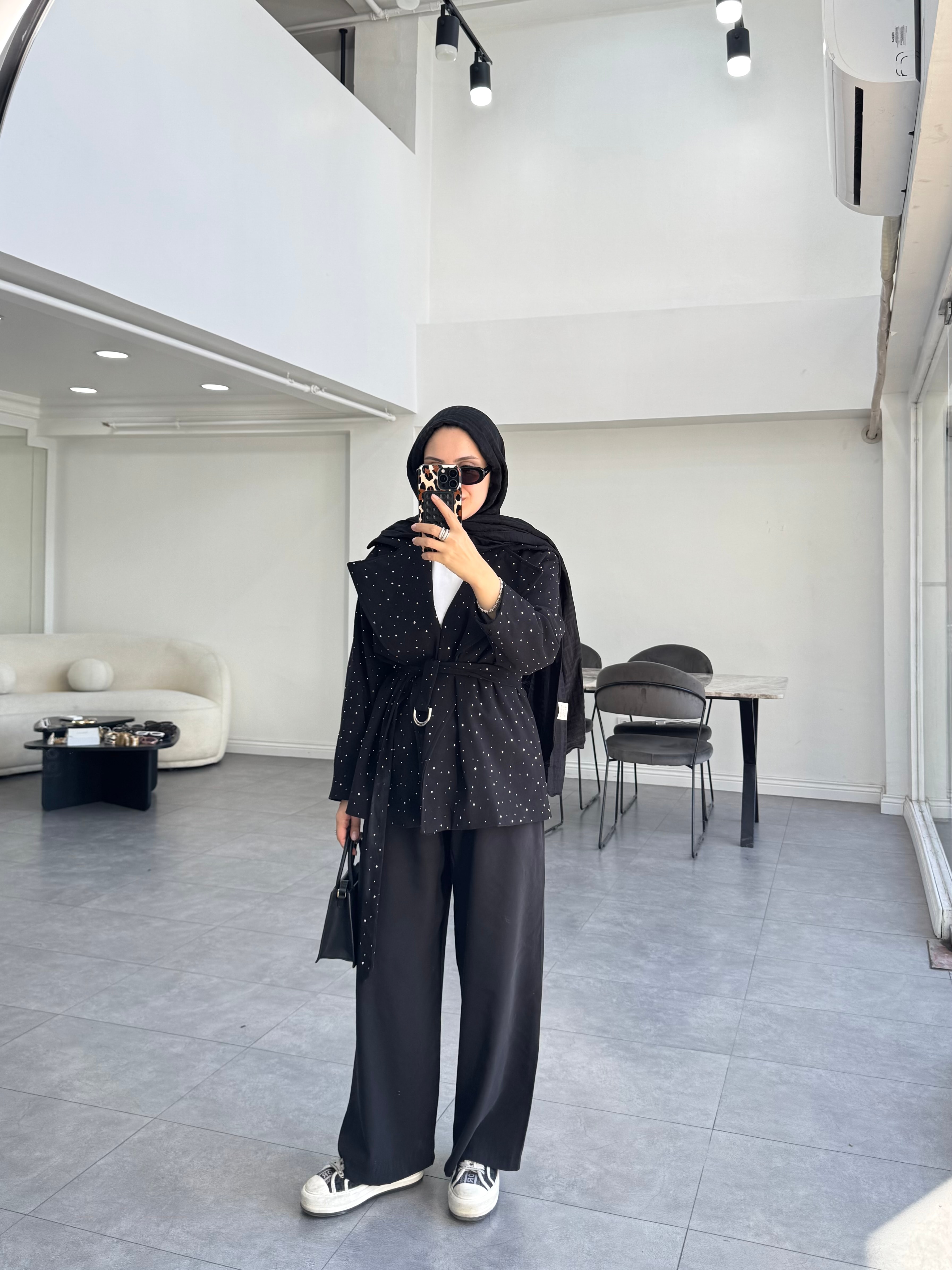 Taşlı Gabardin Ceket Siyah