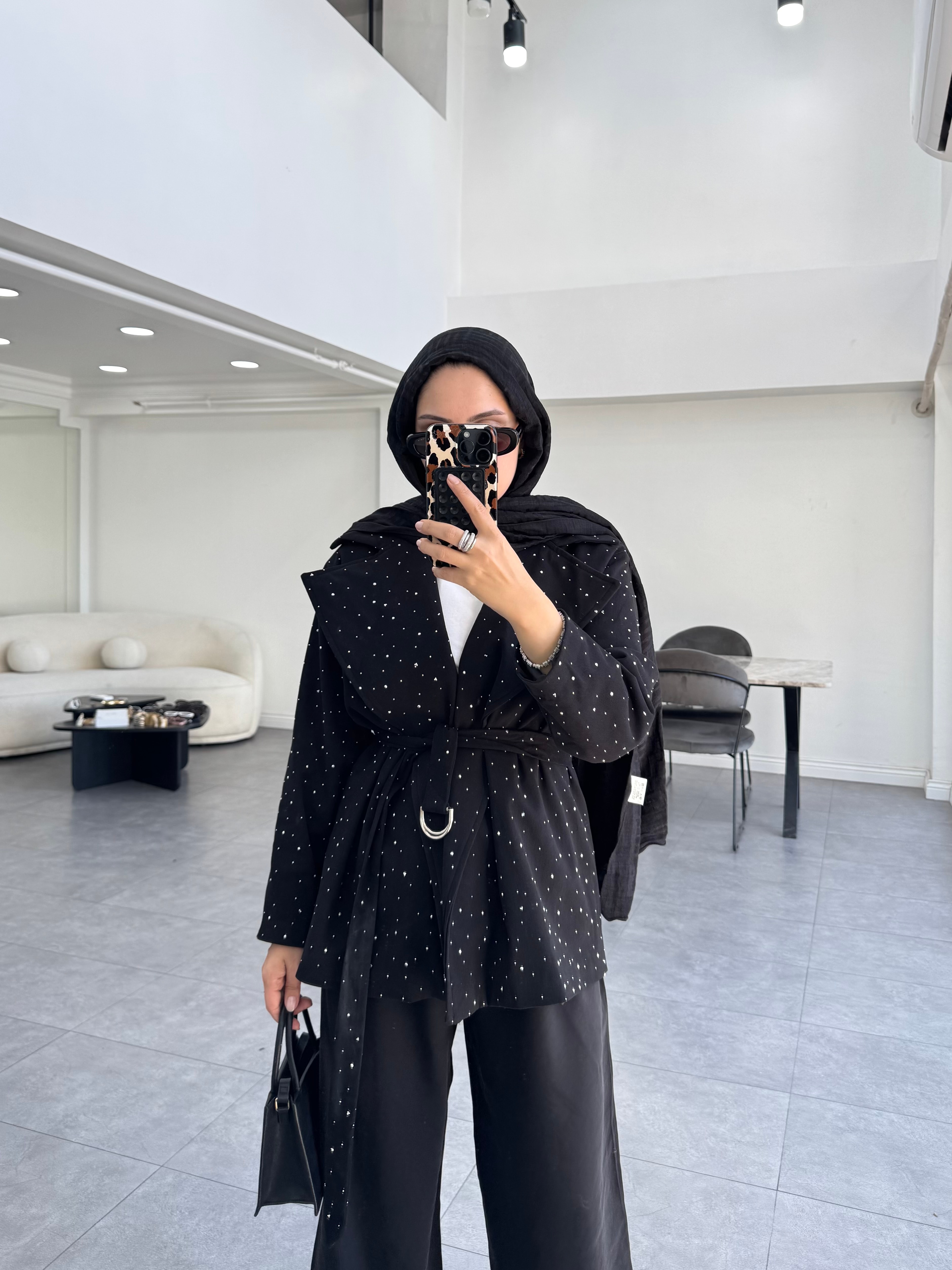 Taşlı Gabardin Ceket Siyah