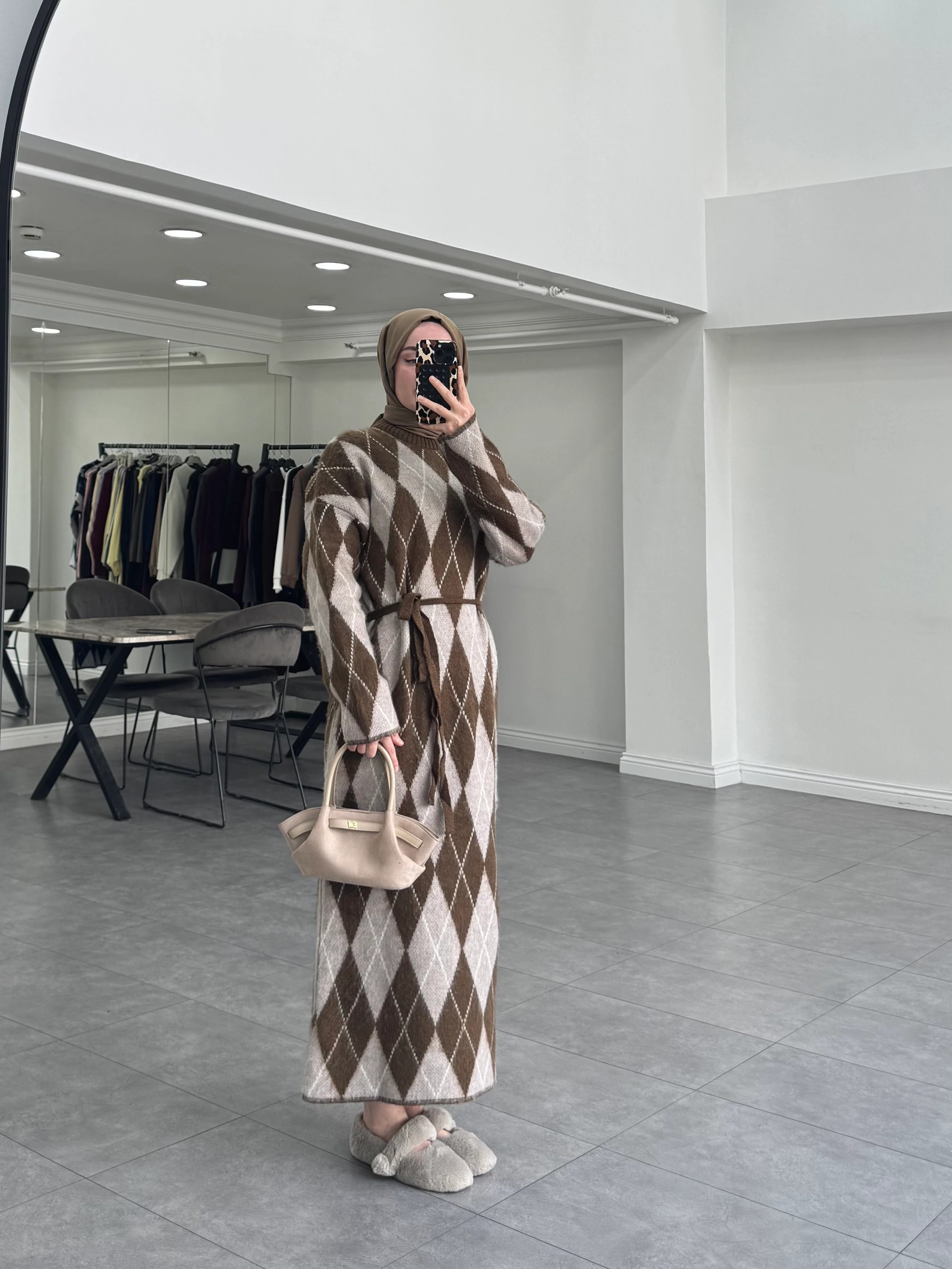 Ekose Triko Elbise Kahverengi