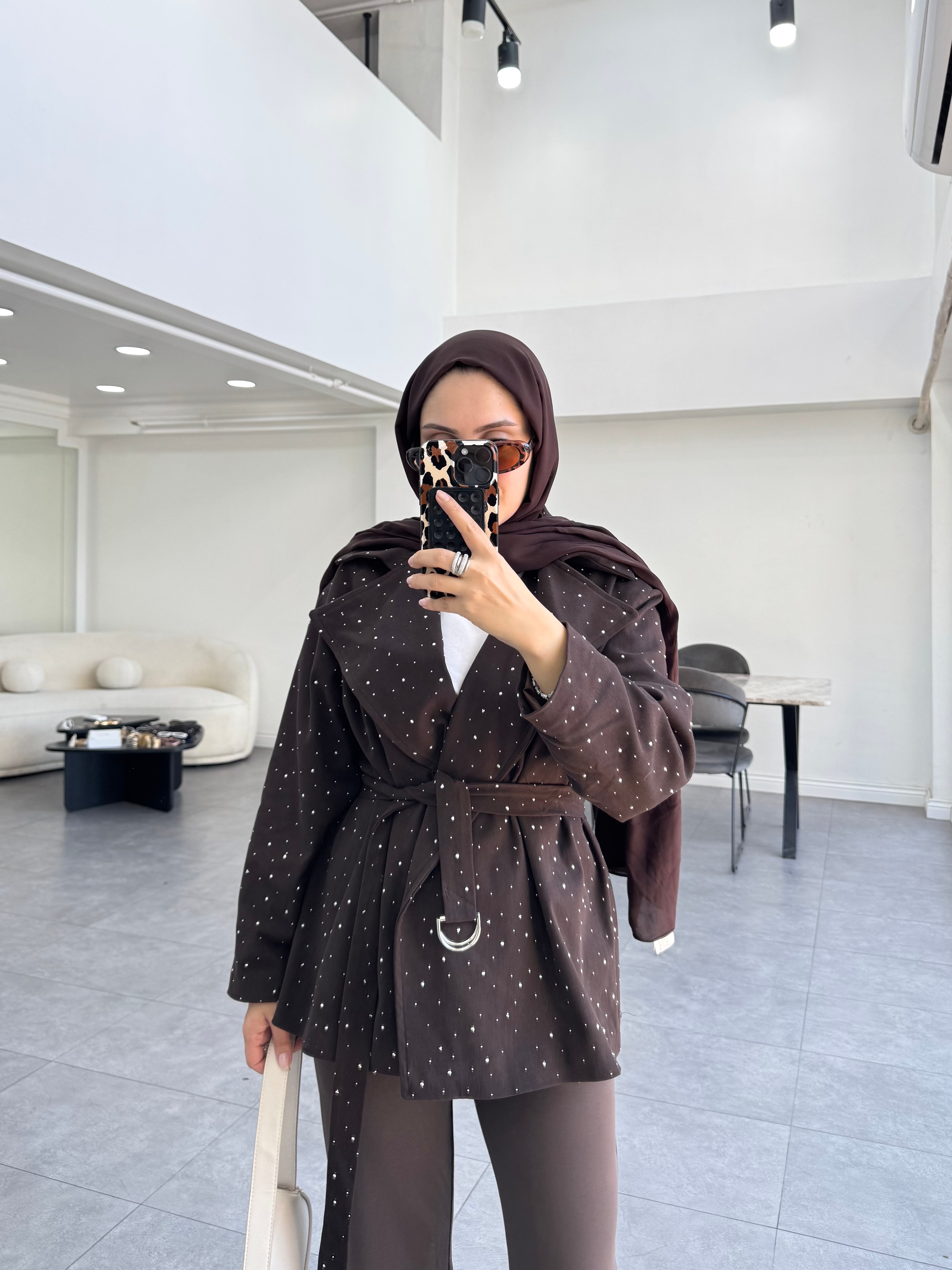 Taşlı Gabardin Ceket Kahverengi