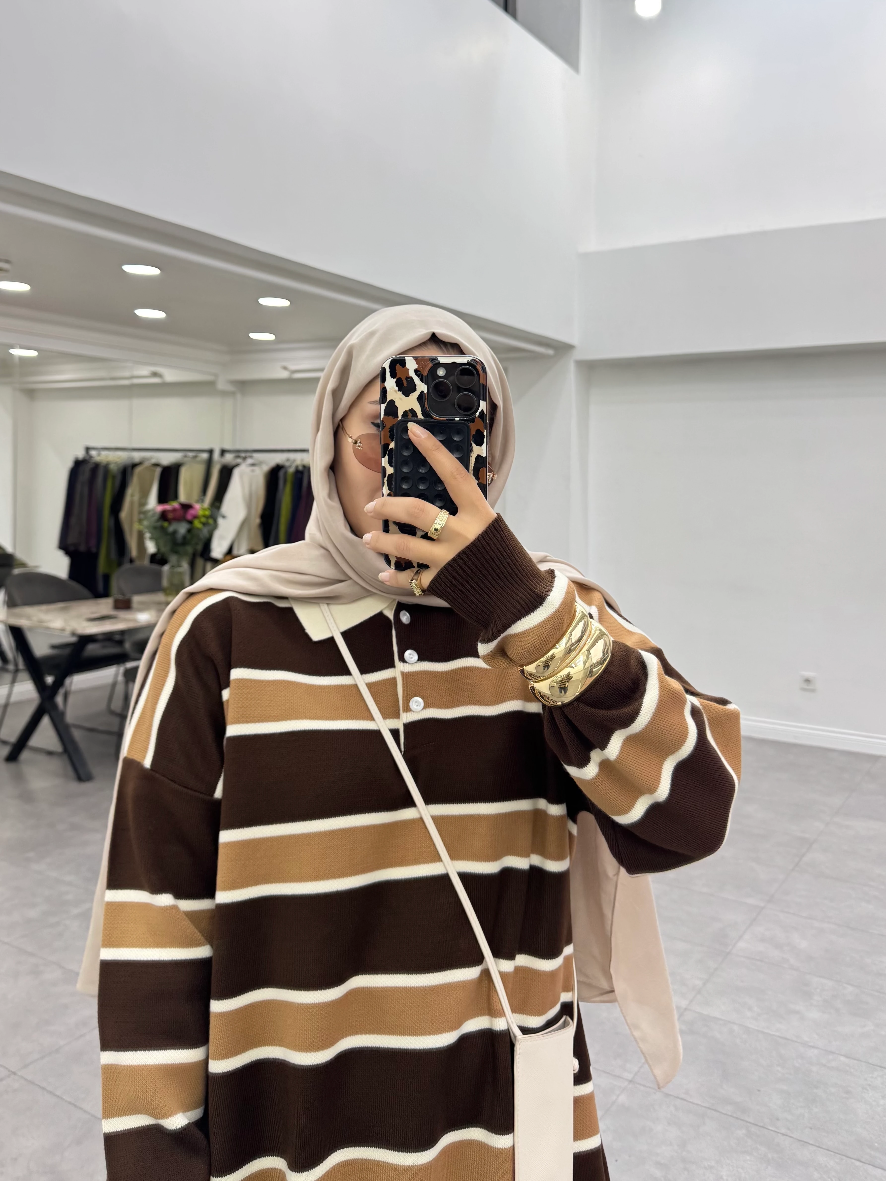 Çizgili Triko Kazak Kahverengi