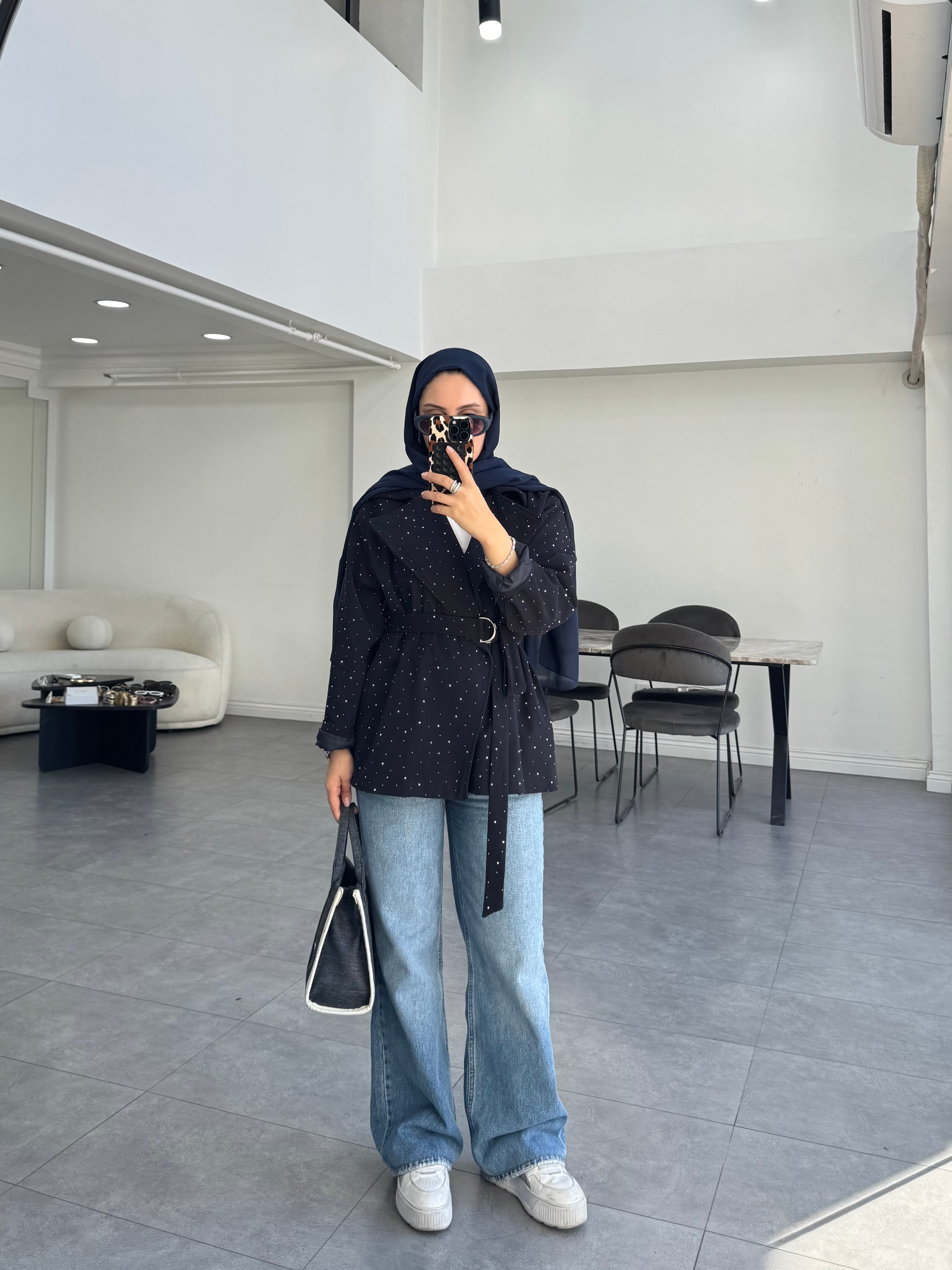 Taşlı Gabardin Ceket Lacivert