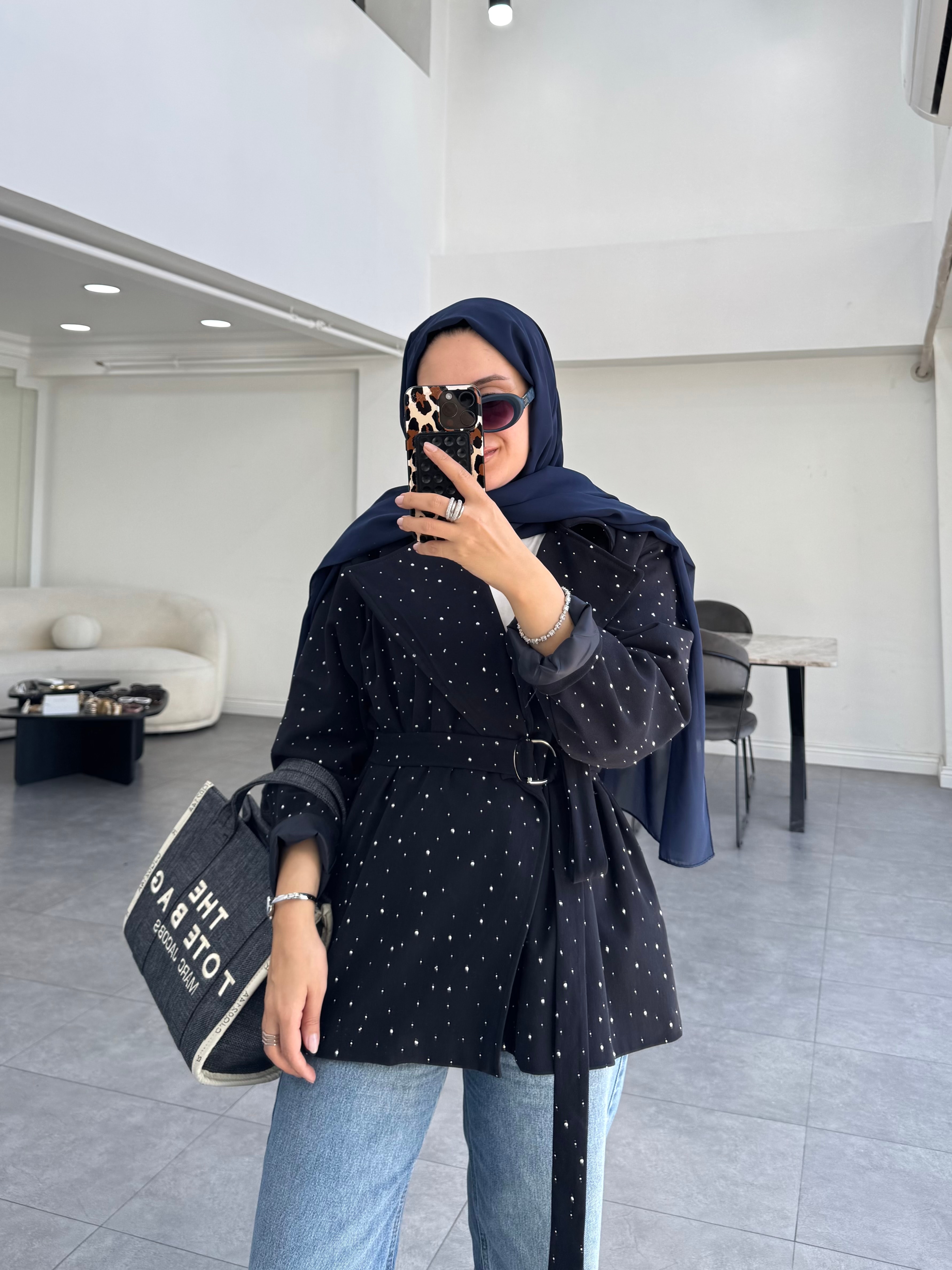 Taşlı Gabardin Ceket Lacivert