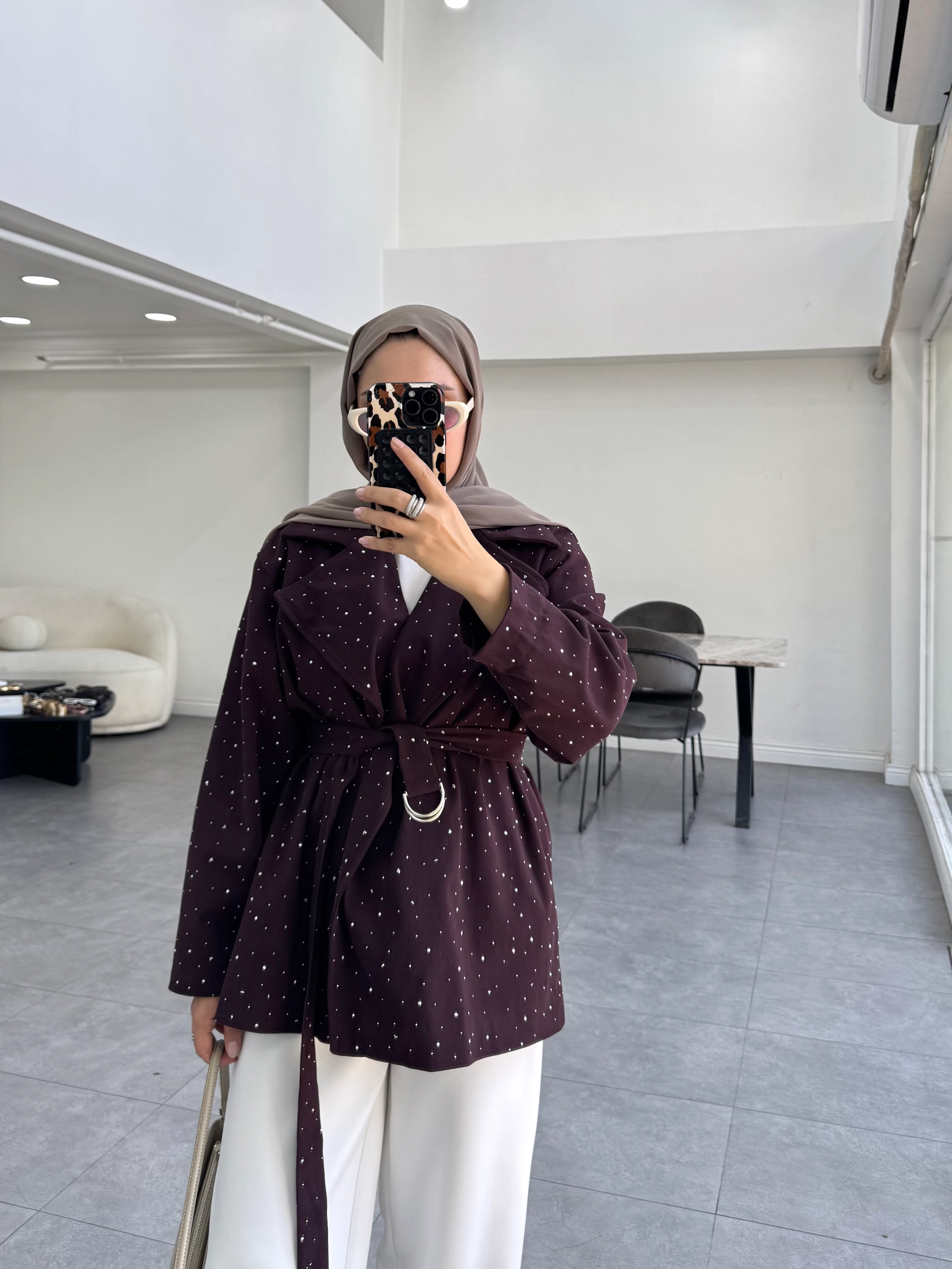 Taşlı Gabardin Ceket Mürdüm