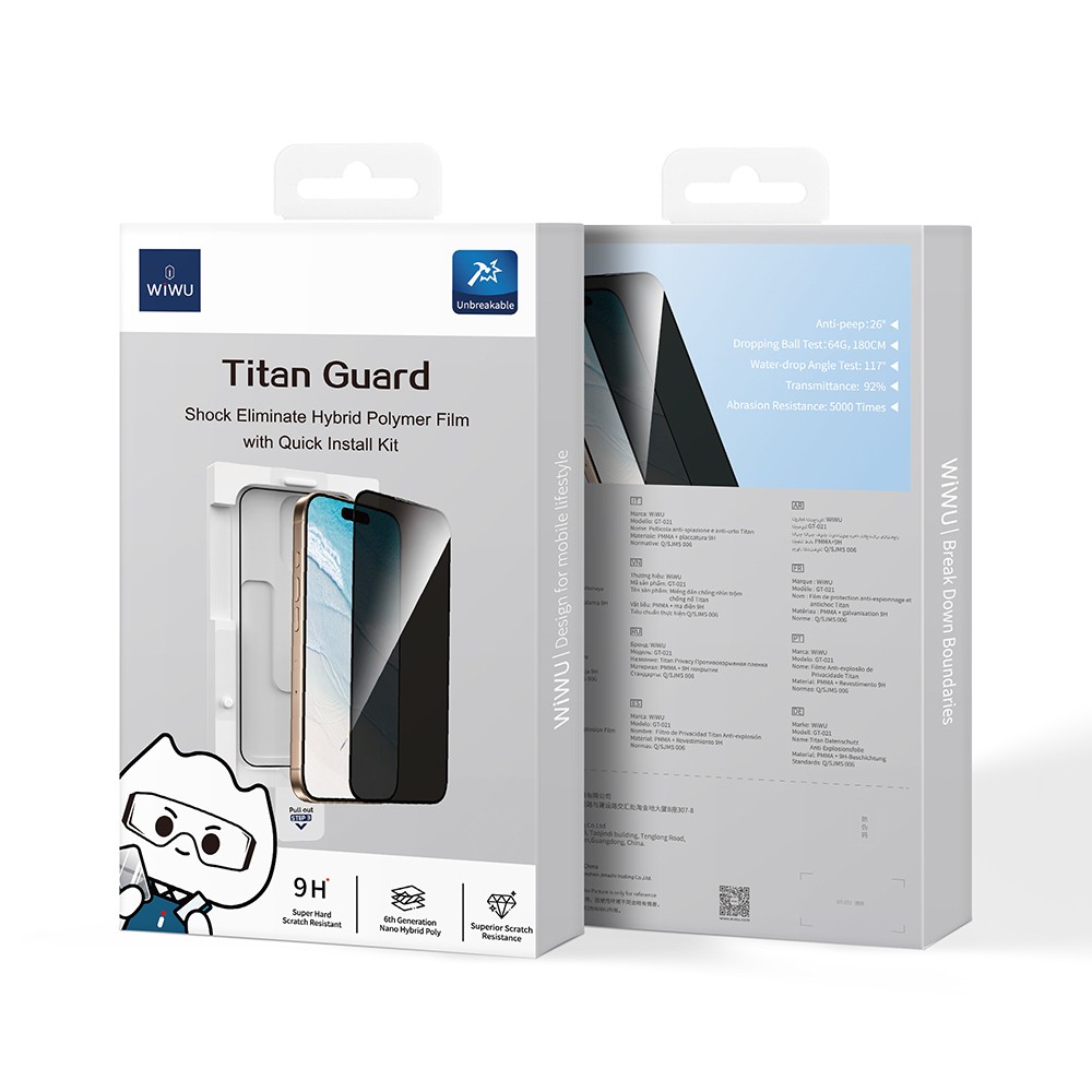 iPhone 15 Wiwu GT-021 Titan Guard Serisi Şok Emici Hibrit Polimer Privacy Ekran Koruyucu Film + Kolay Uygulama Aparatı