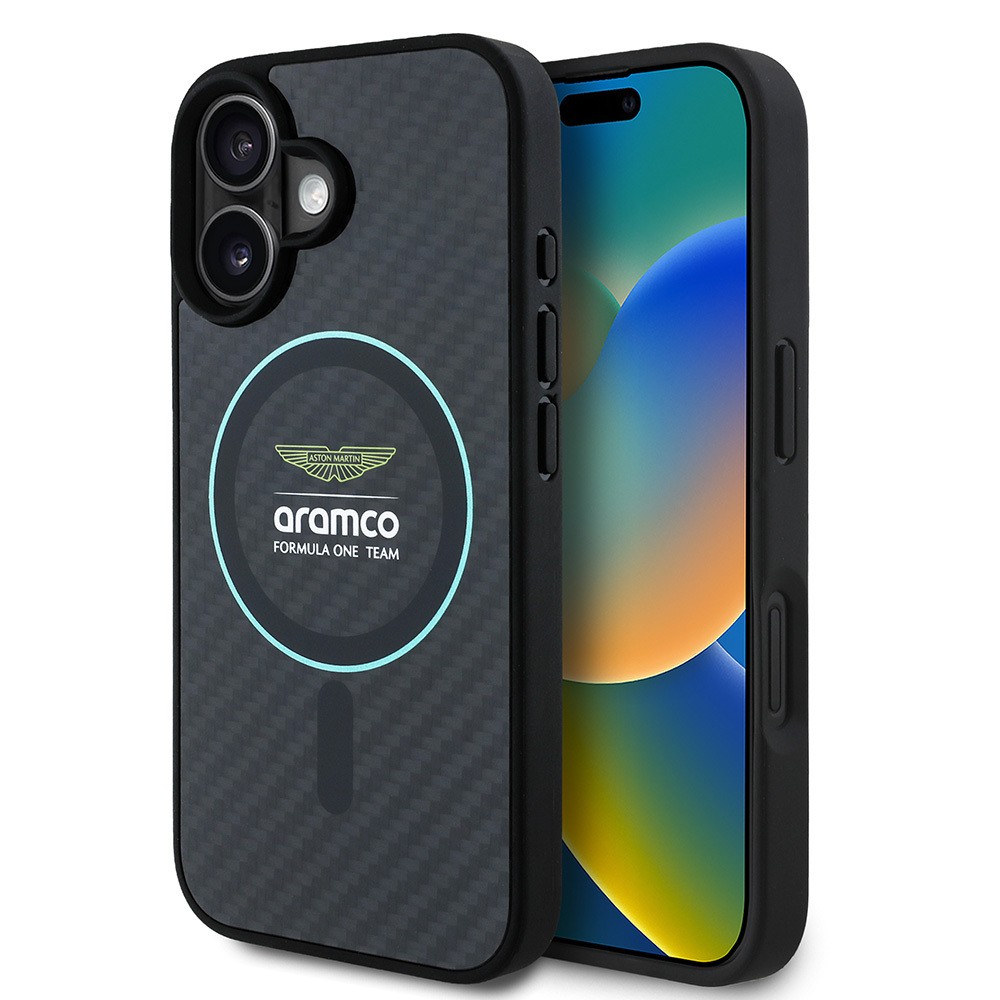 Apple iPhone 16 Kılıf Aston Martin Orjinal Lisanslı M-safe Şarj Özellikli Renkli Halka ve Karbon Fiber Tasarımlı Kapak
