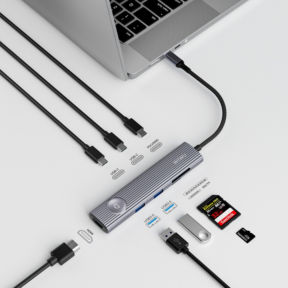 Wiwu Wi-HB8001 Travel Serisi 8in1 HDMI (4K@60Hz) Girişli 100W PD Type-C Hub Bağlantı İstasyonu