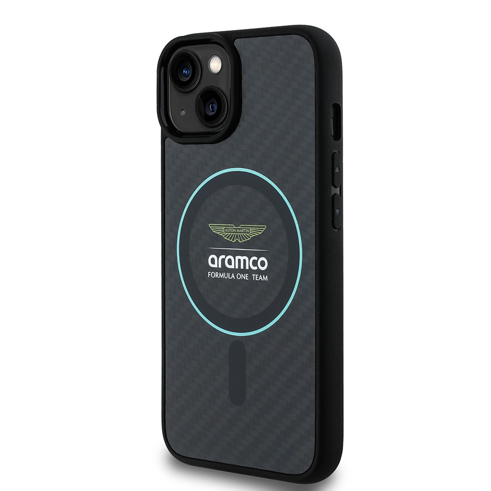 Apple iPhone 14 Kılıf Aston Martin Orjinal Lisanslı M-safe Şarj Özellikli Renkli Halka ve Karbon Fiber Tasarımlı Kapak