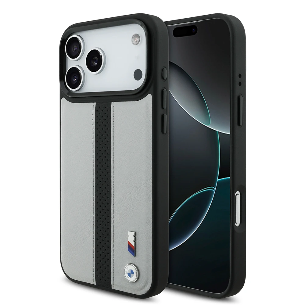 Apple iPhone 17 Pro Kılıf BMW Orjinal Lisanslı M-safe Şarj Özellikli Deri Arka Yüzey Metal Logolu Delikli Şerit Tasarımlı Kapak