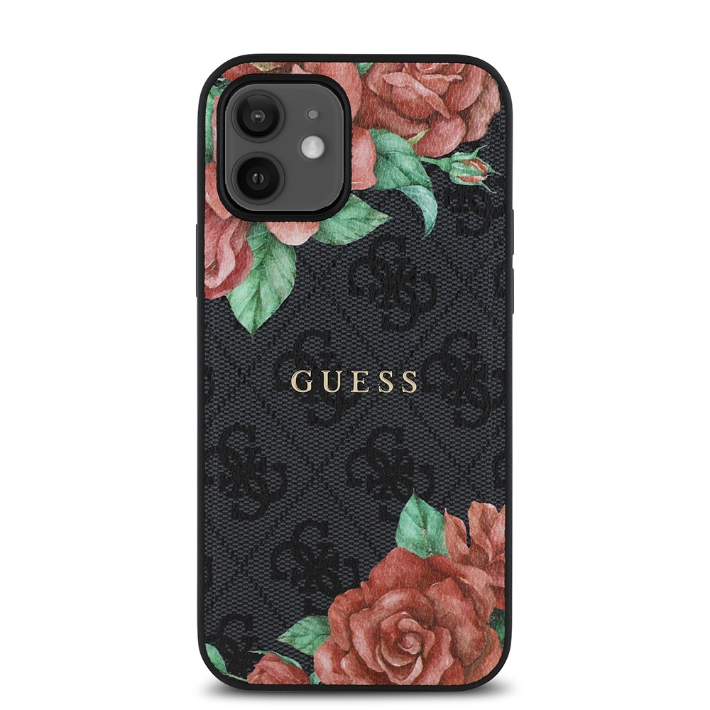 iPhone 12 Kılıf Guess Orjinal Lisanslı Magsafe Şarj Özellikli Gül Baskılı 4G Desenli Yazı Logolu Kılıf