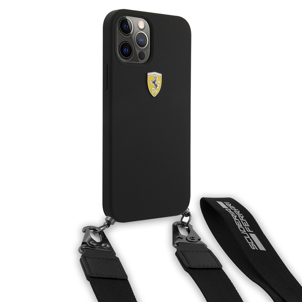 Apple iPhone 12 Pro Max Kılıf Ferrari Orjinal Lisanslı Askılı Metal Logolu Kapak
