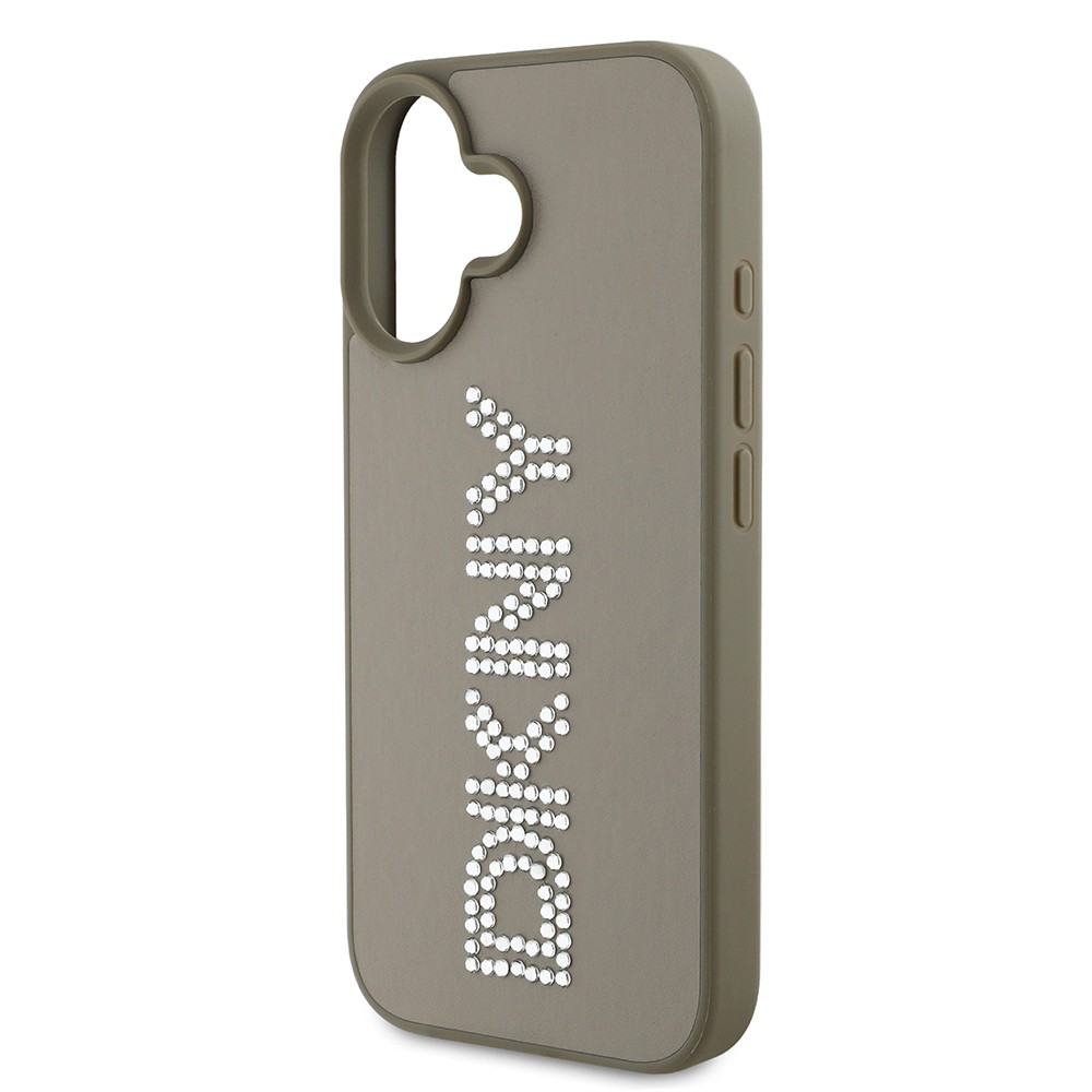 Apple iPhone 16 Kılıf DKNY Orjinal Lisanslı Taşlı DKNY Yazılı Metalik Rhinestones PU Deri Kapak