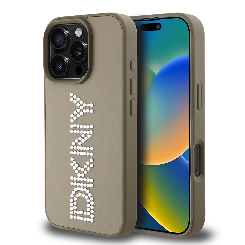 Apple iPhone 16 Pro Max Kılıf DKNY Orjinal Lisanslı Taşlı DKNY Yazılı Metalik Rhinestones PU Deri Kapak