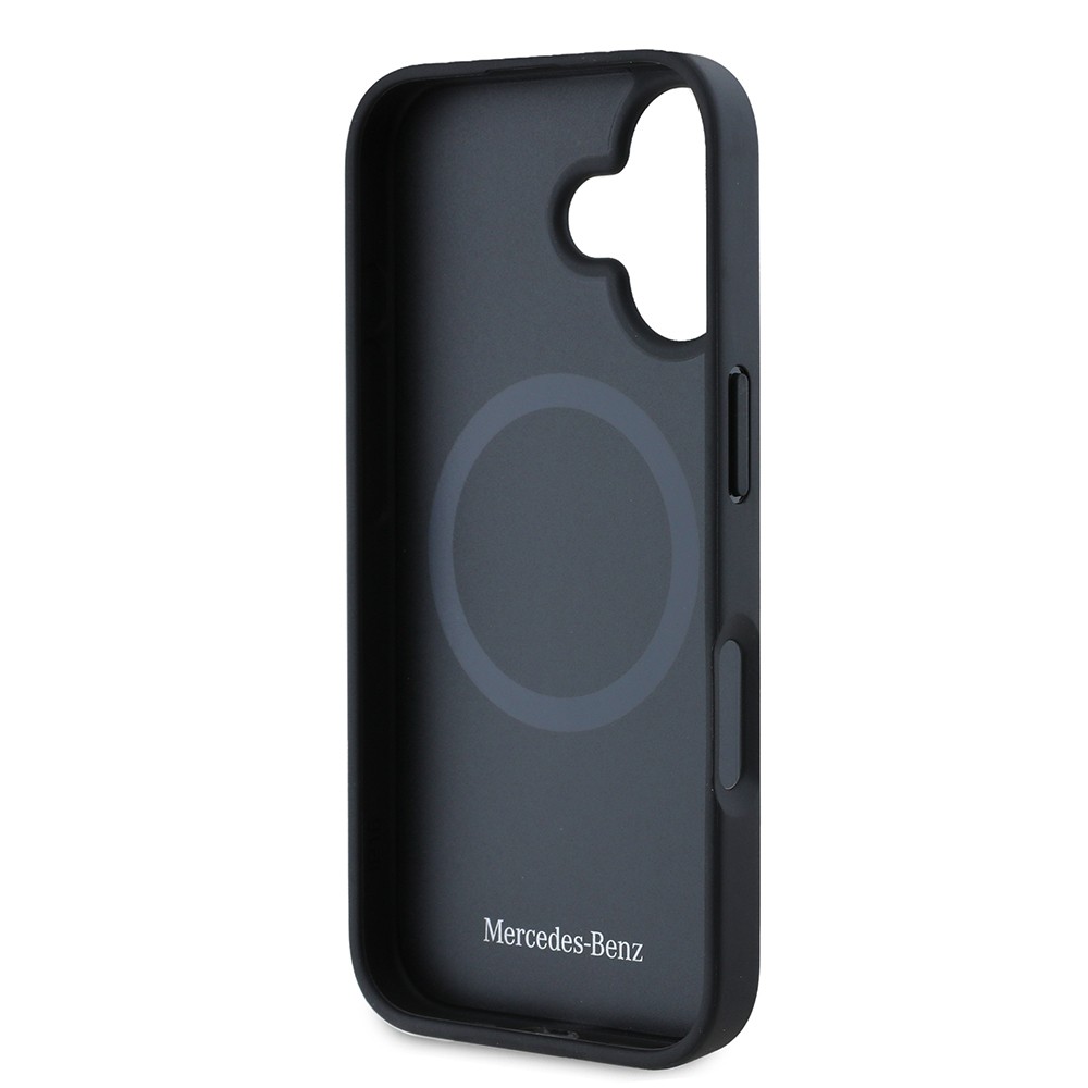 Apple iPhone 16 Kılıf Mercedes Benz Orjinal Lisanslı M-safe Şarj Özellikli 3D Metal Logolu Mavi Dikey Eğri Çizgili Deri Kapak