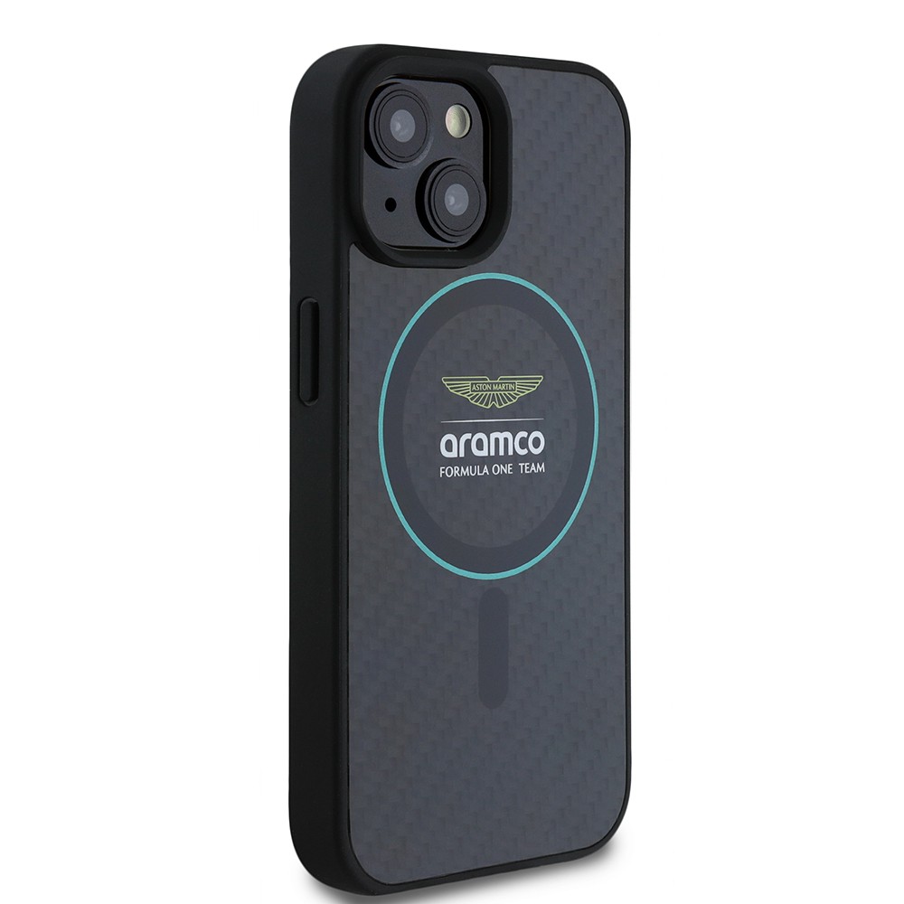 Apple iPhone 15 Kılıf Aston Martin Orjinal Lisanslı M-safe Şarj Özellikli Renkli Halka ve Karbon Fiber Tasarımlı Kapak