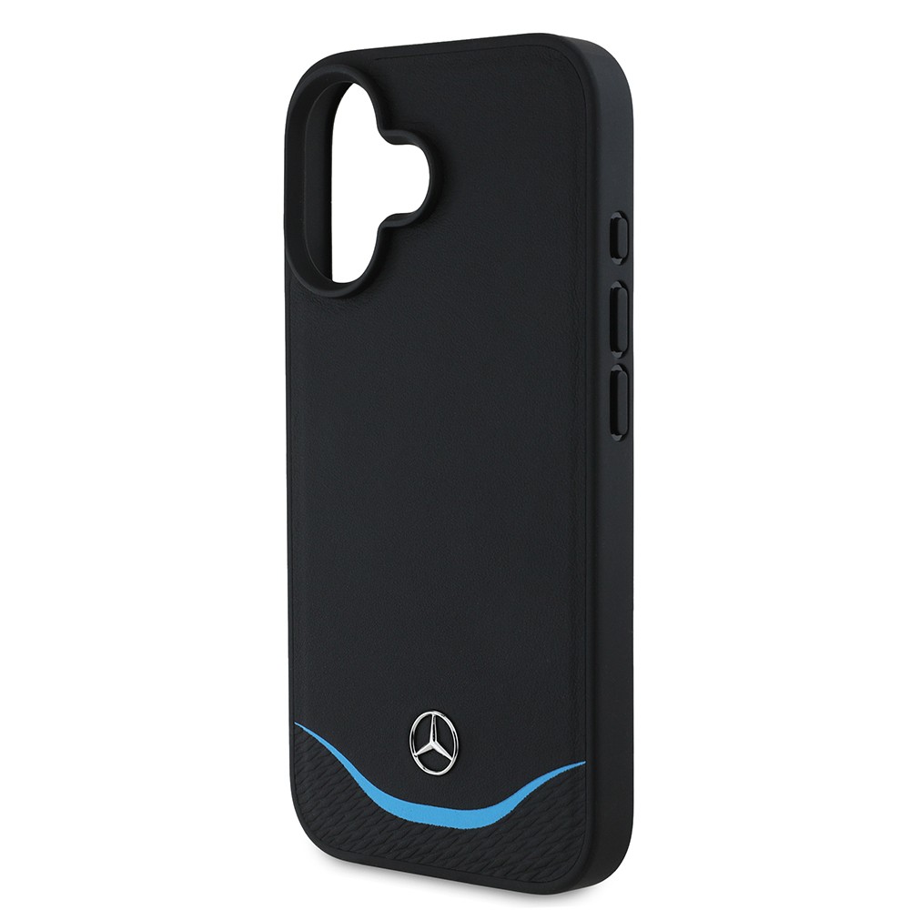 Apple iPhone 16 Kılıf Mercedes Benz Orjinal Lisanslı M-safe Şarj Özellikli 3D Metal Logolu Mavi Yatay Eğri Çizgili Deri Kapak
