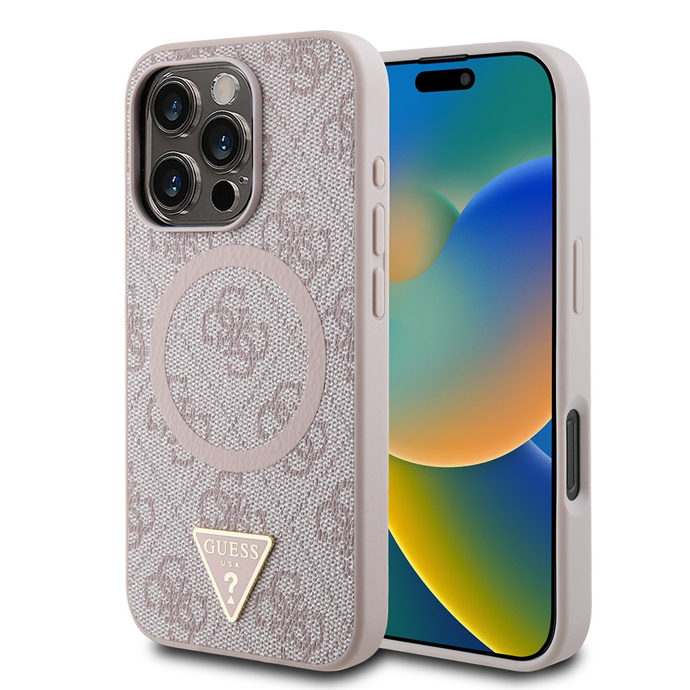iPhone 16 Pro Kılıf Guess Orjinal Lisanslı Magsafe Şarj Özellikli PU Üçgen Logo 4G Desenli Kılıf