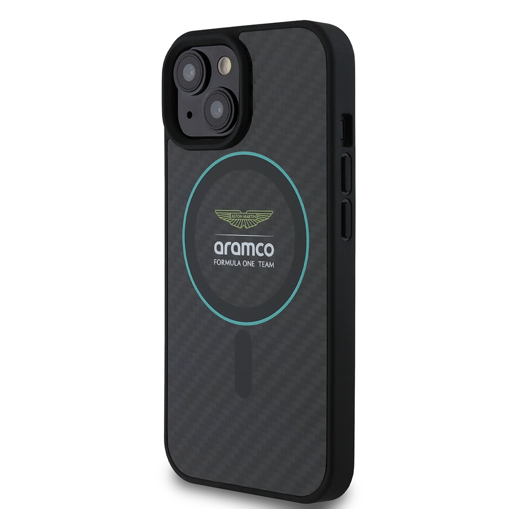 Apple iPhone 15 Kılıf Aston Martin Orjinal Lisanslı M-safe Şarj Özellikli Renkli Halka ve Karbon Fiber Tasarımlı Kapak