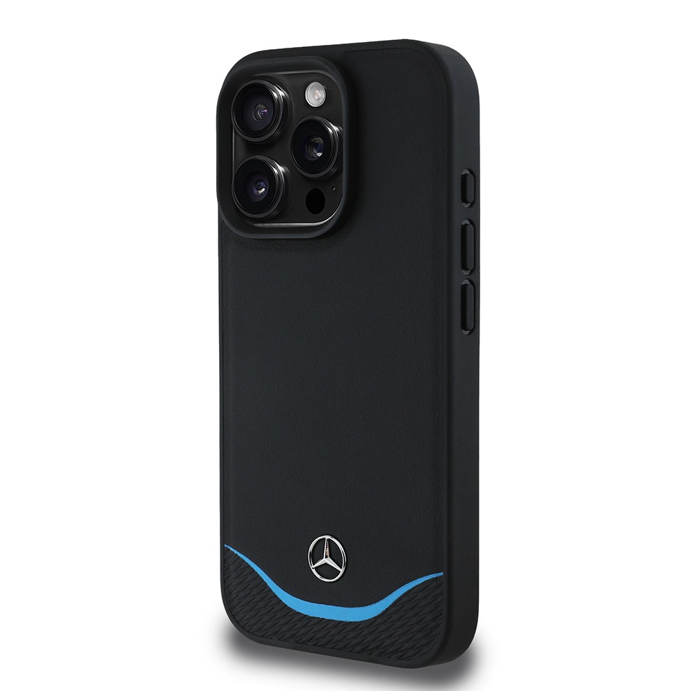 Apple iPhone 16 Pro Max Kılıf Mercedes Benz Orjinal Lisanslı M-safe Şarj Özellikli 3D Metal Logolu Mavi Yatay Eğri Çizgili Deri Kapak