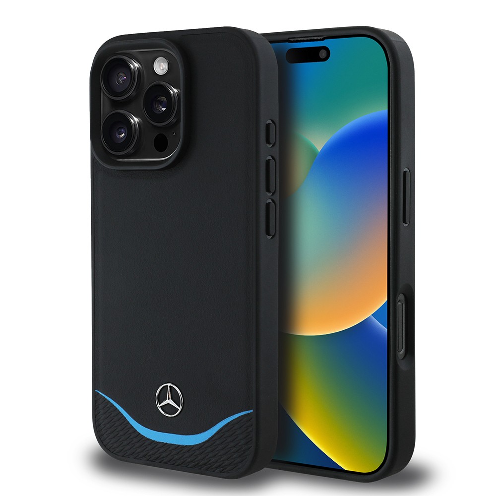 Apple iPhone 16 Pro Max Kılıf Mercedes Benz Orjinal Lisanslı M-safe Şarj Özellikli 3D Metal Logolu Mavi Yatay Eğri Çizgili Deri Kapak