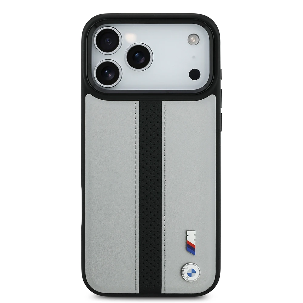 Apple iPhone 17 Pro Max Kılıf BMW Orjinal Lisanslı M-safe Şarj Özellikli Deri Arka Yüzey Metal Logolu Delikli Şerit Tasarımlı Kapak