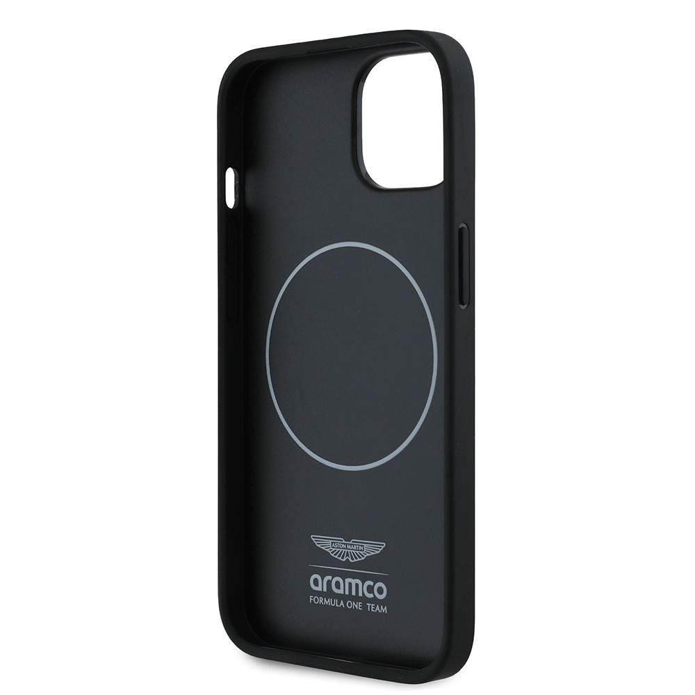 Apple iPhone 15 Kılıf Aston Martin Orjinal Lisanslı M-safe Şarj Özellikli PU Deri Alonso 14 Baskılı Kapak