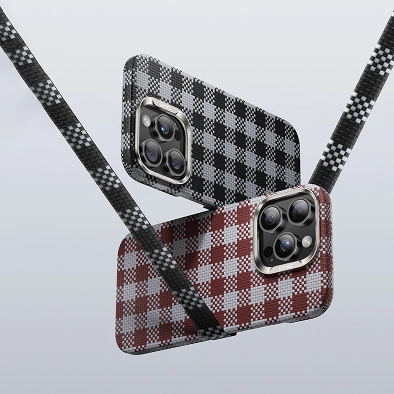 Apple iPhone 15 Pro Kılıf M-safe Şarj Özellikli Ekose Tasarımlı Benks ArmorVichy Kevlar Kapak