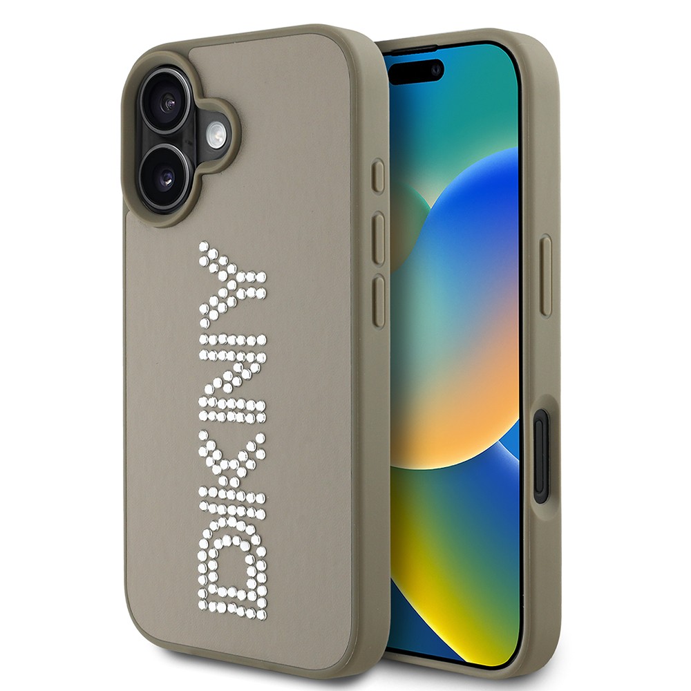 Apple iPhone 16 Kılıf DKNY Orjinal Lisanslı Taşlı DKNY Yazılı Metalik Rhinestones PU Deri Kapak