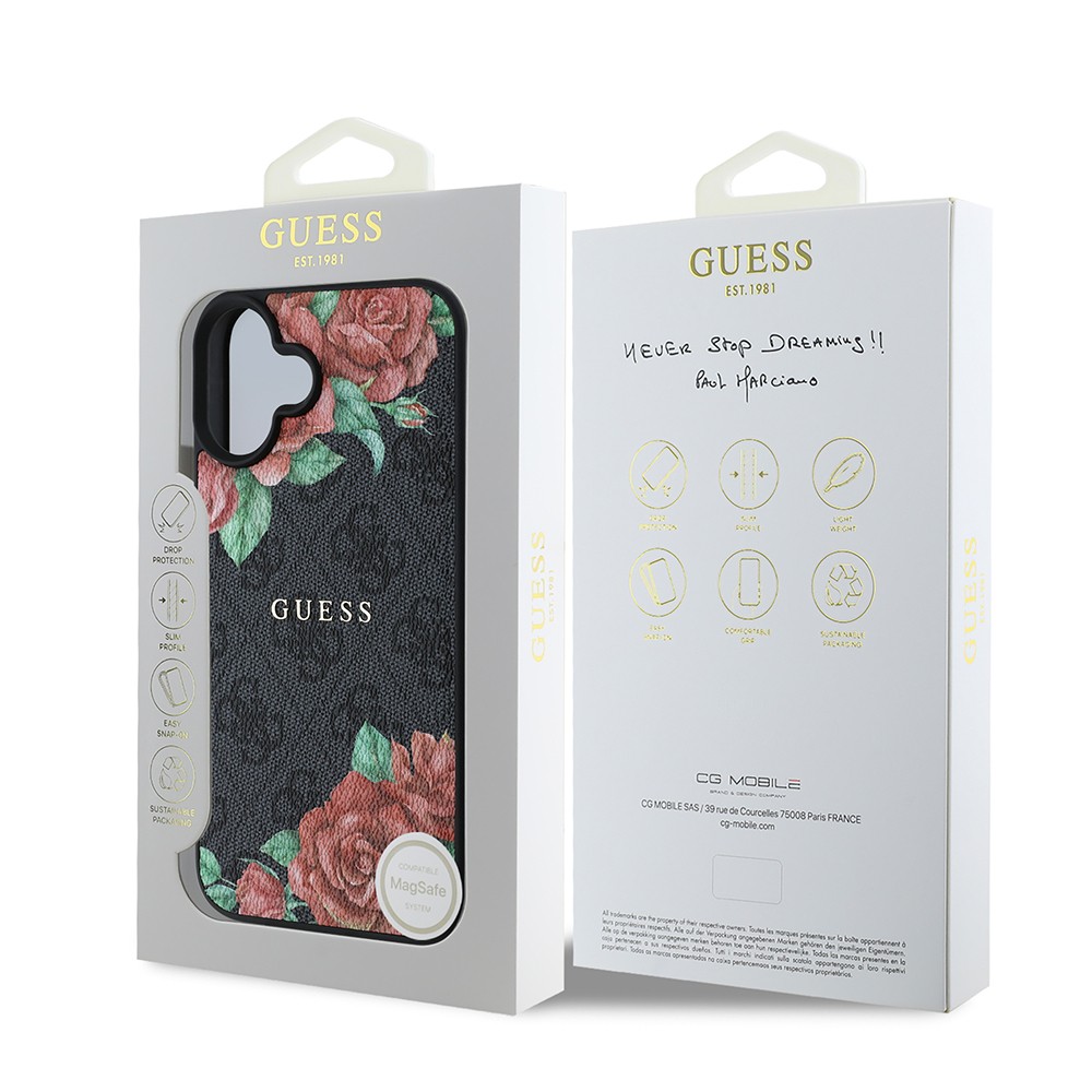iPhone 16 Plus Kılıf Guess Orjinal Lisanslı Magsafe Şarj Özellikli Gül Baskılı 4G Desenli Yazı Logolu Kılıf