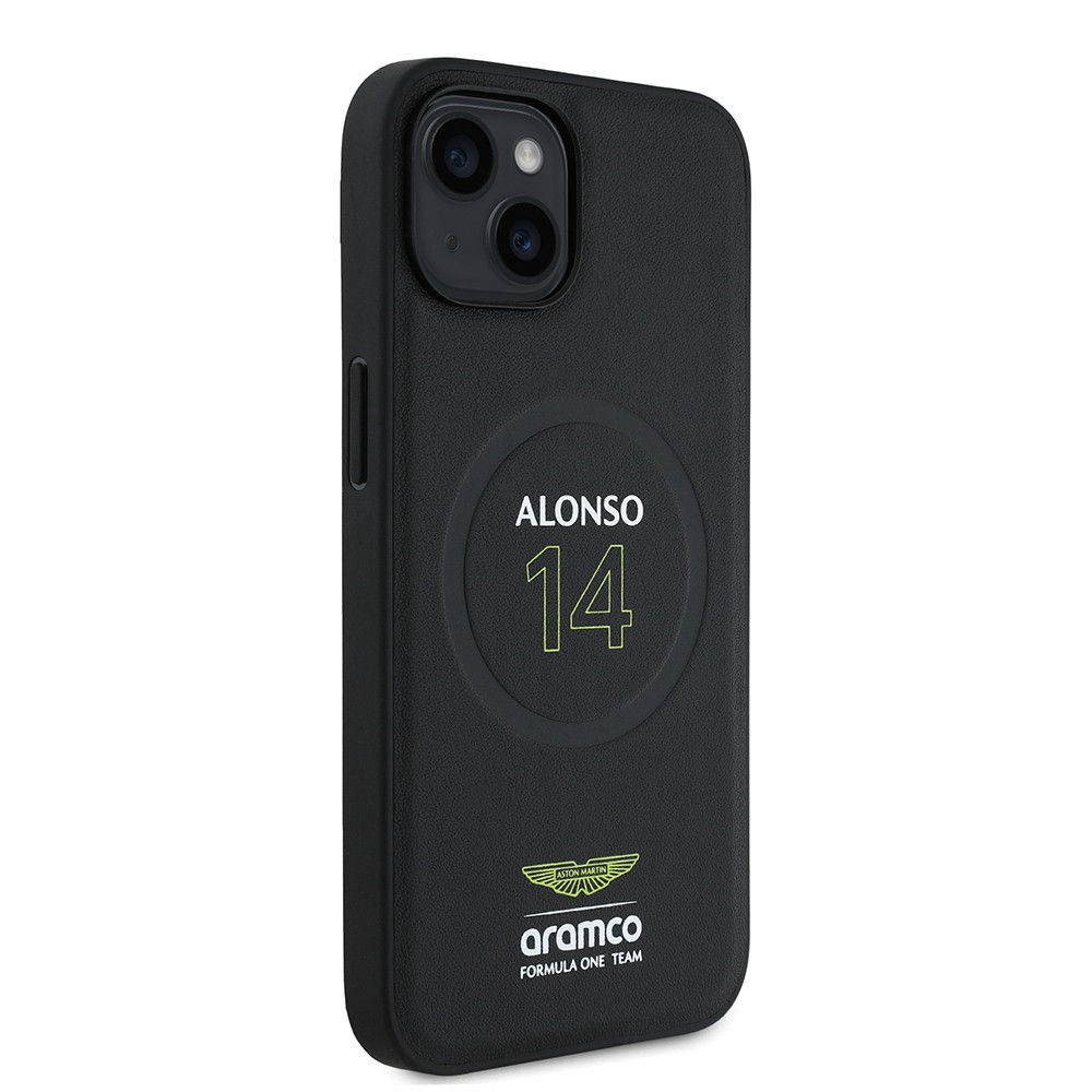Apple iPhone 15 Kılıf Aston Martin Orjinal Lisanslı M-safe Şarj Özellikli PU Deri Alonso 14 Baskılı Kapak