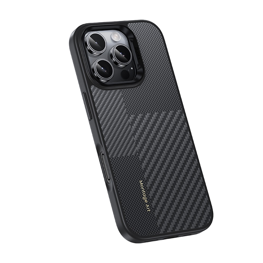 Apple iPhone 16 Pro Kılıf Karbon Fiber M-safe Şarj Özellikli Kamera Kontrol Butonlu Benks Hybrid ArmorPro Montage Kevlar Kapak