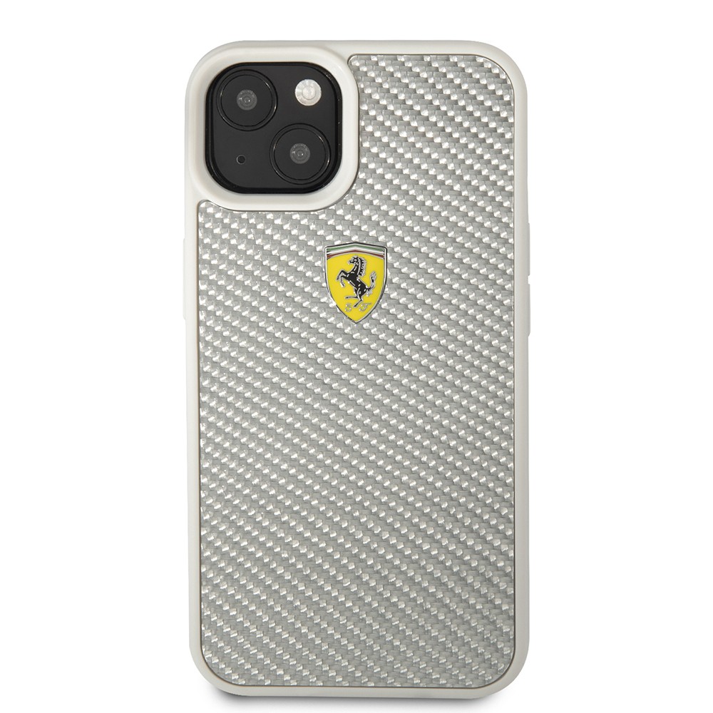 Apple iPhone 13 Kılıf Ferrari Orjinal Lisanlı Klasik Metal Logolu Karbon Dizayn Kapak