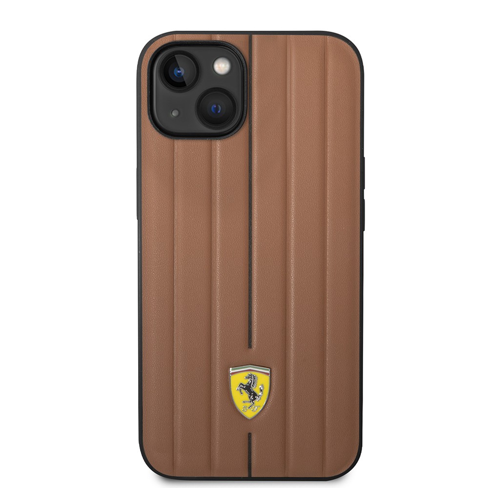 Apple iPhone 14 Kılıf Ferrari Orjinal Lisanslı Deri Arka Yüzey Metal Logolu Şerit Tasarımlı Kapak