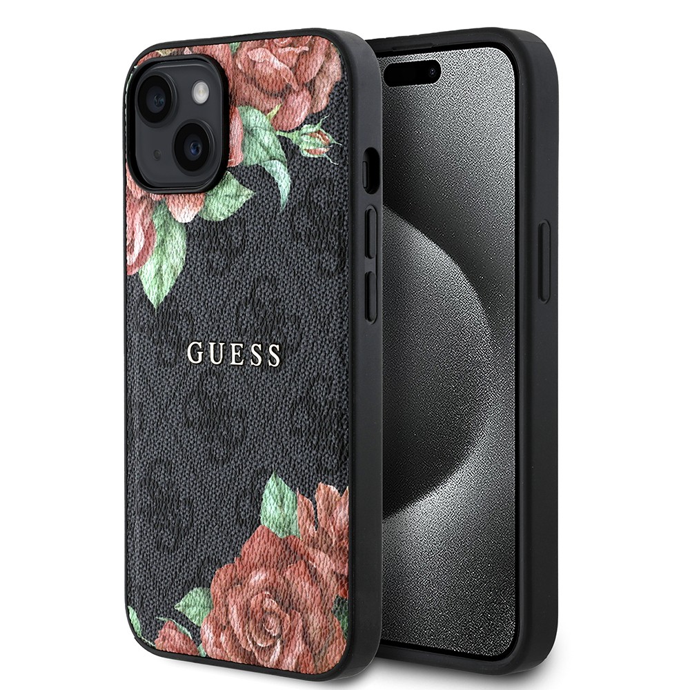 iPhone 15 Kılıf Guess Orjinal Lisanslı Magsafe Şarj Özellikli Gül Baskılı 4G Desenli Yazı Logolu Kılıf