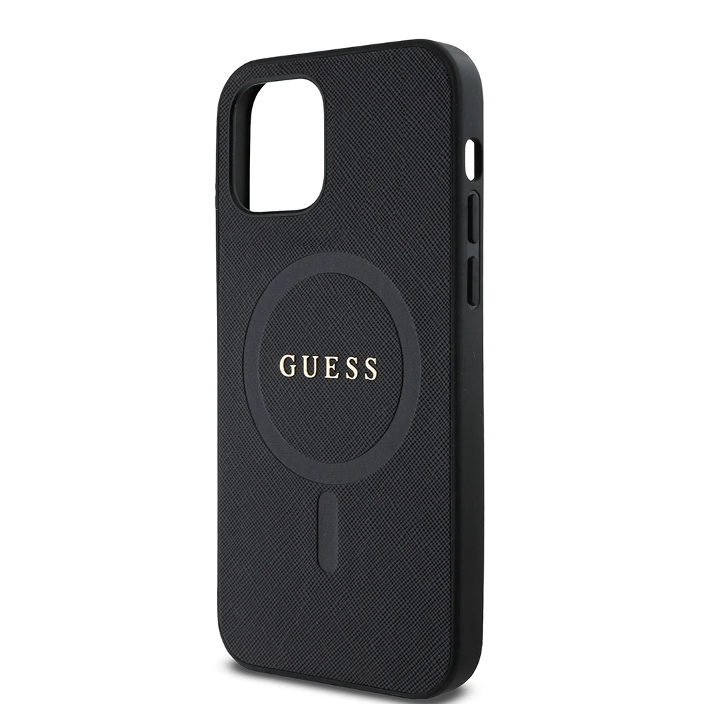 iPhone 12 Kılıf Guess Orjinal Lisanslı Magsafe Şarj Özellikli Yazı Logolu Saffiano Classic Kılıf
