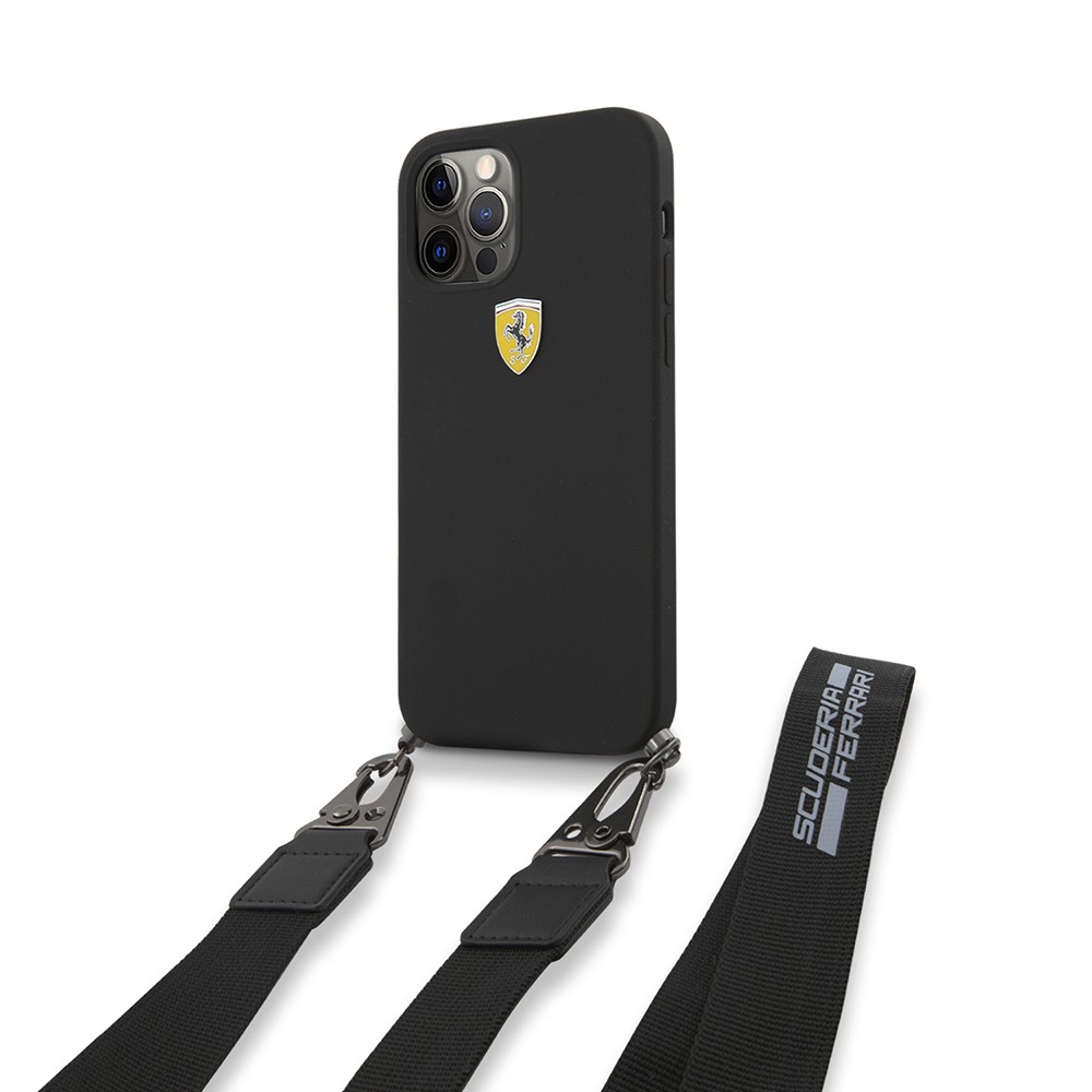 Apple iPhone 12 Pro Max Kılıf Ferrari Orjinal Lisanslı Askılı Metal Logolu Kapak