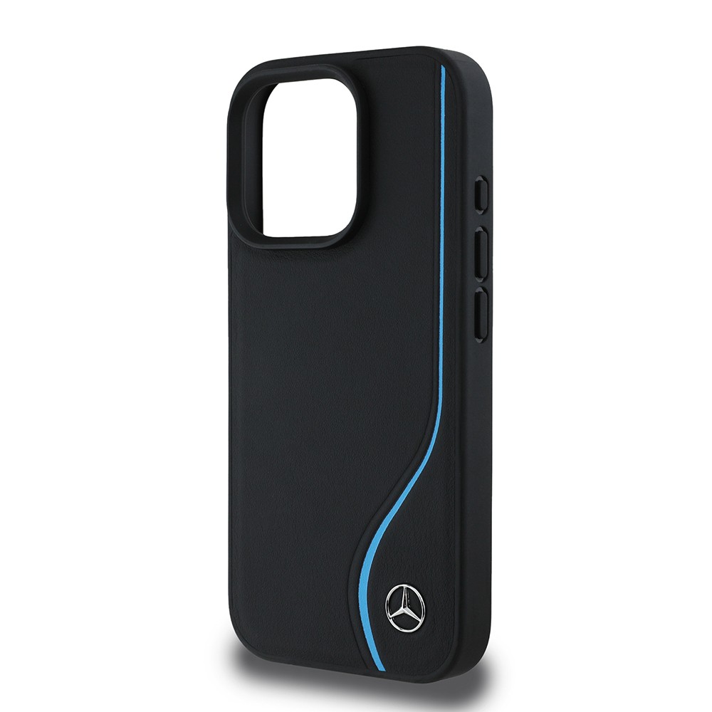 Apple iPhone 16 Pro Max Kılıf Mercedes Benz Orjinal Lisanslı M-safe Şarj Özellikli 3D Metal Logolu Mavi Dikey Eğri Çizgili Deri Kapak