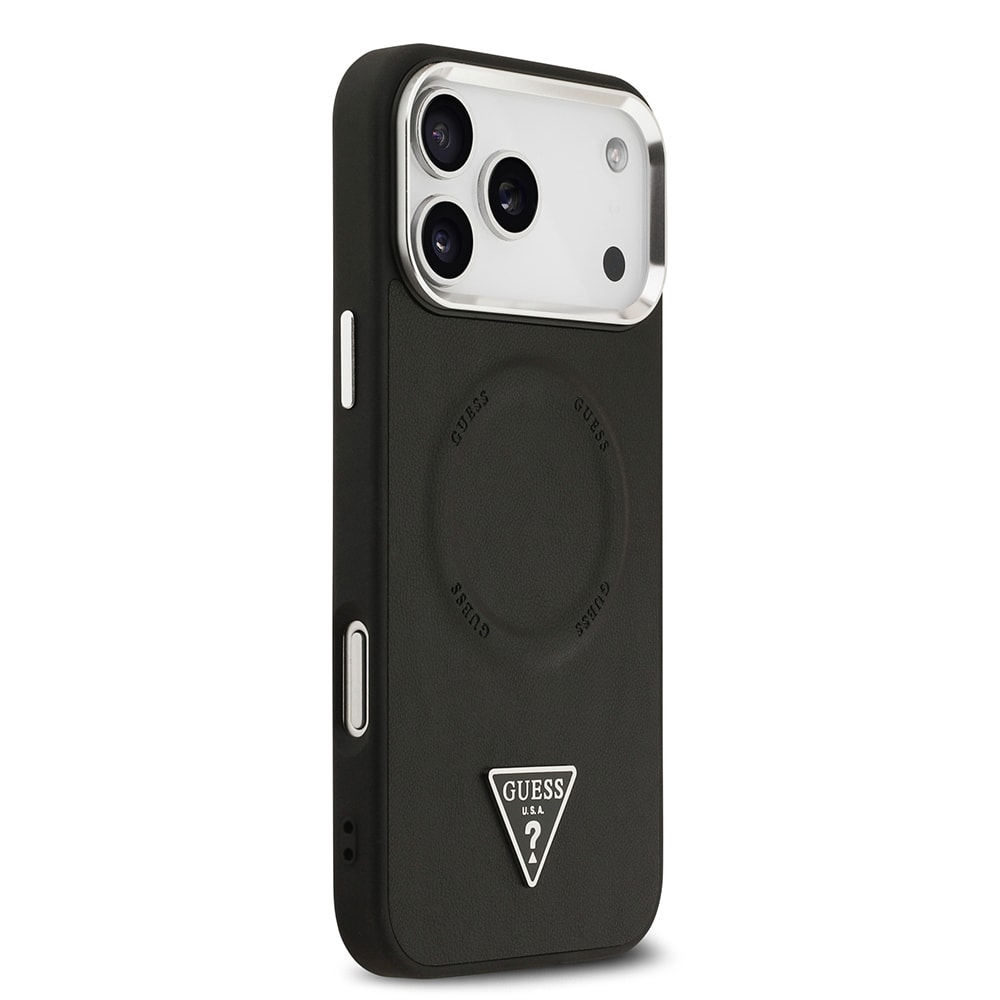 Apple iPhone 17 Pro Max Kılıf Guess Orjinal Lisanslı M-safe Şarj Özellikli PU Deri Metal Kamera Çerçeveli Üçgen Logolu Kapak