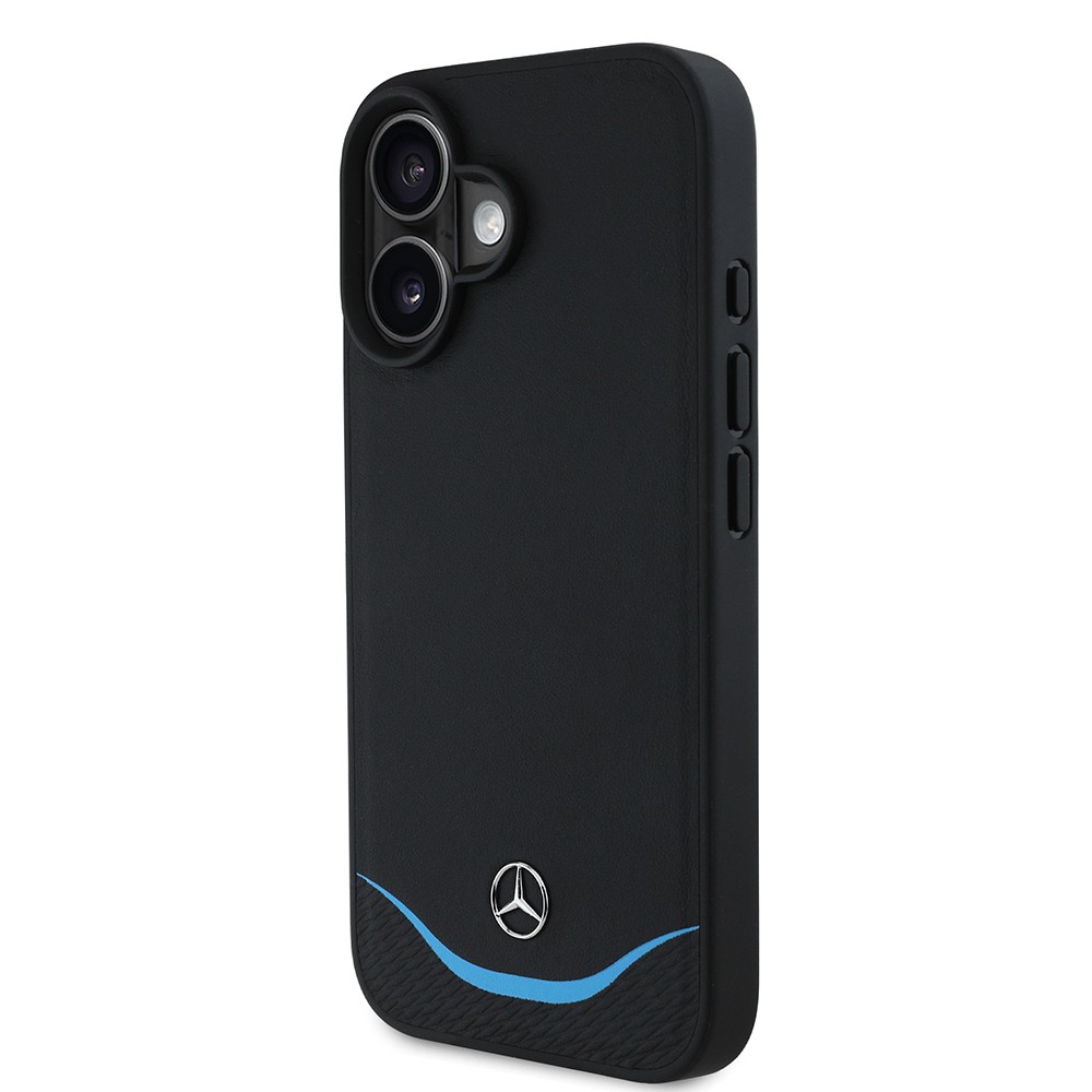 Apple iPhone 16 Kılıf Mercedes Benz Orjinal Lisanslı M-safe Şarj Özellikli 3D Metal Logolu Mavi Yatay Eğri Çizgili Deri Kapak