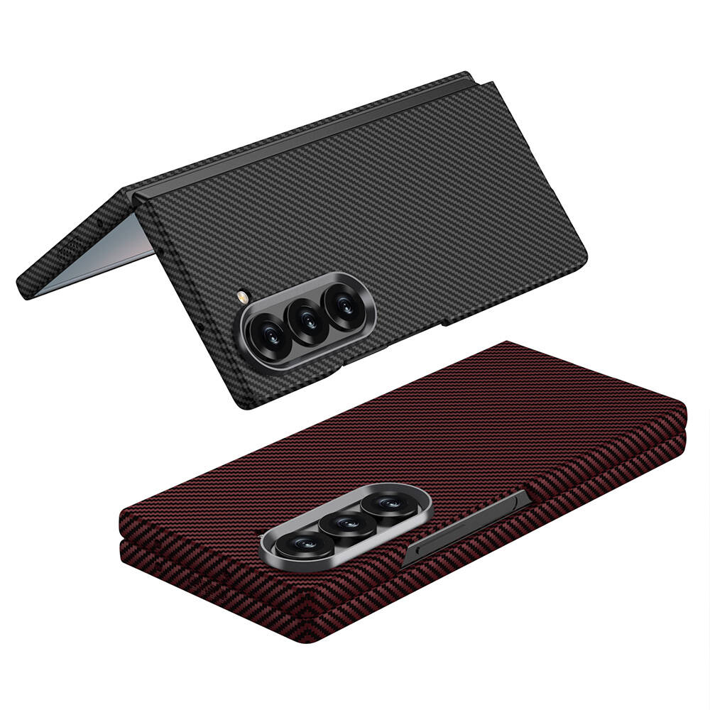 Galaxy Z Fold 6 Kılıf Kamera Korumalı Karbon Fiber Tasarımlı Arka Yüzey Zore Kıpta Karbon Kılıf